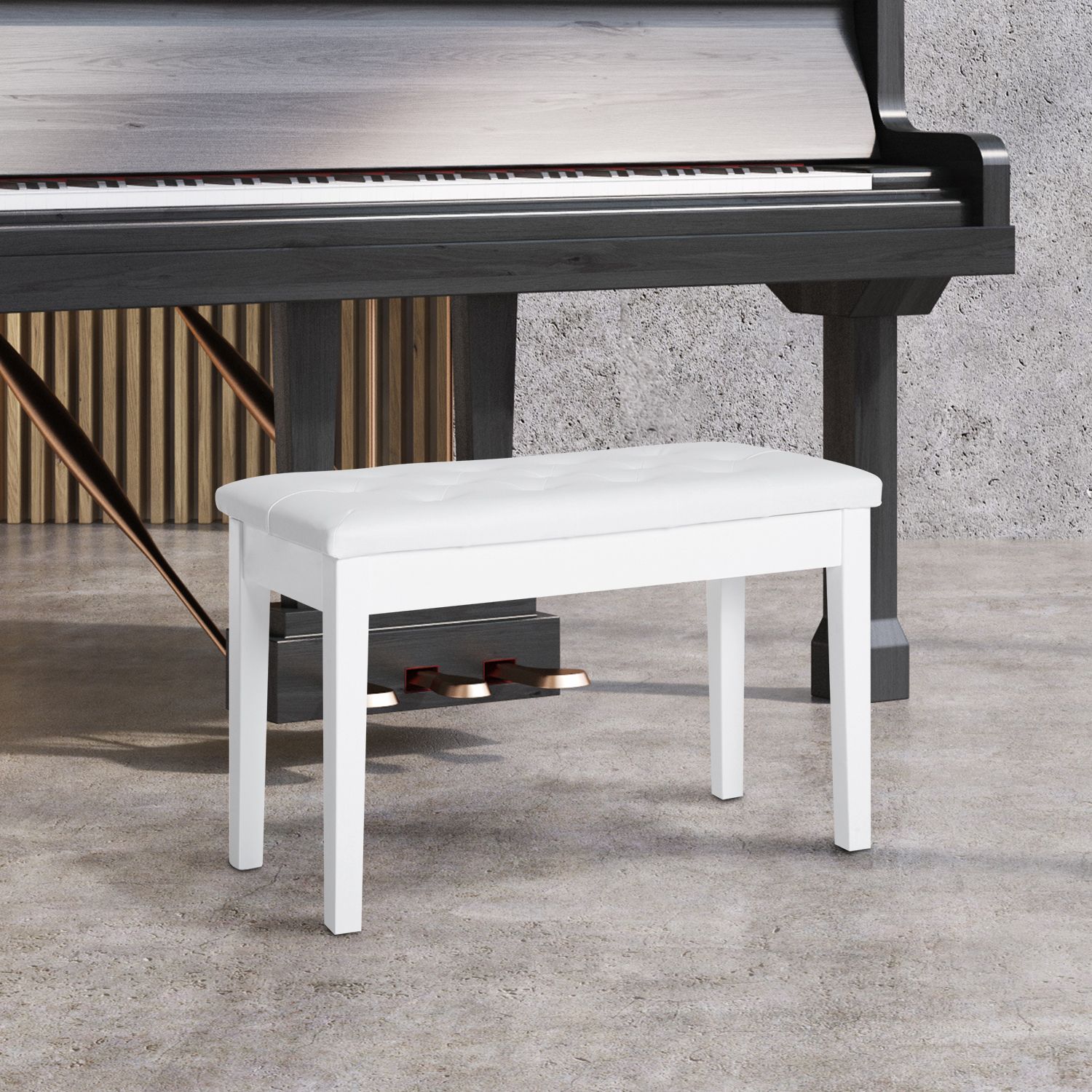 HOMCOM Classic Piano Bench Padded Seat Makeup Stool Solid Wood Wooden in White