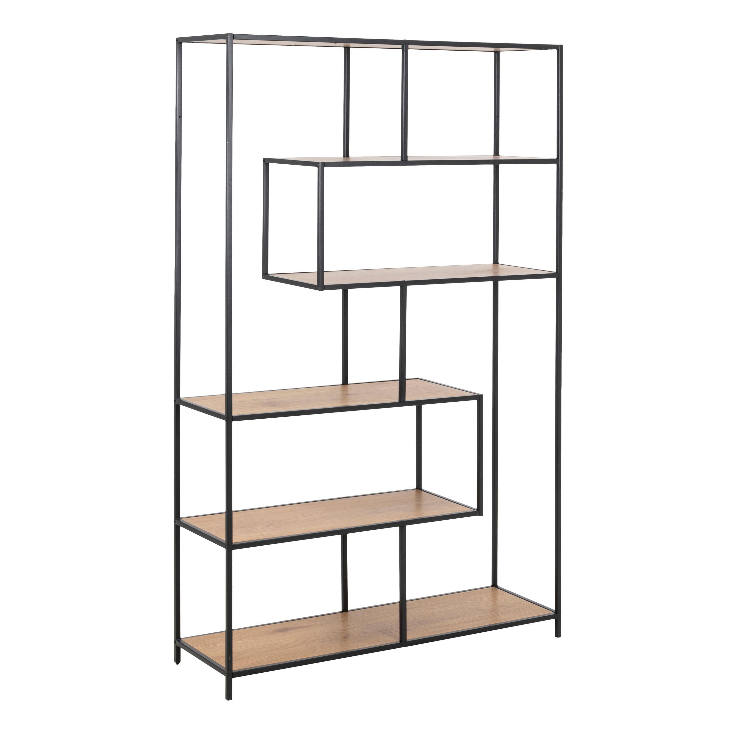 Furniture To Go Seaford Wide Black Metal Bookcase with 4 Black Oak Shelves