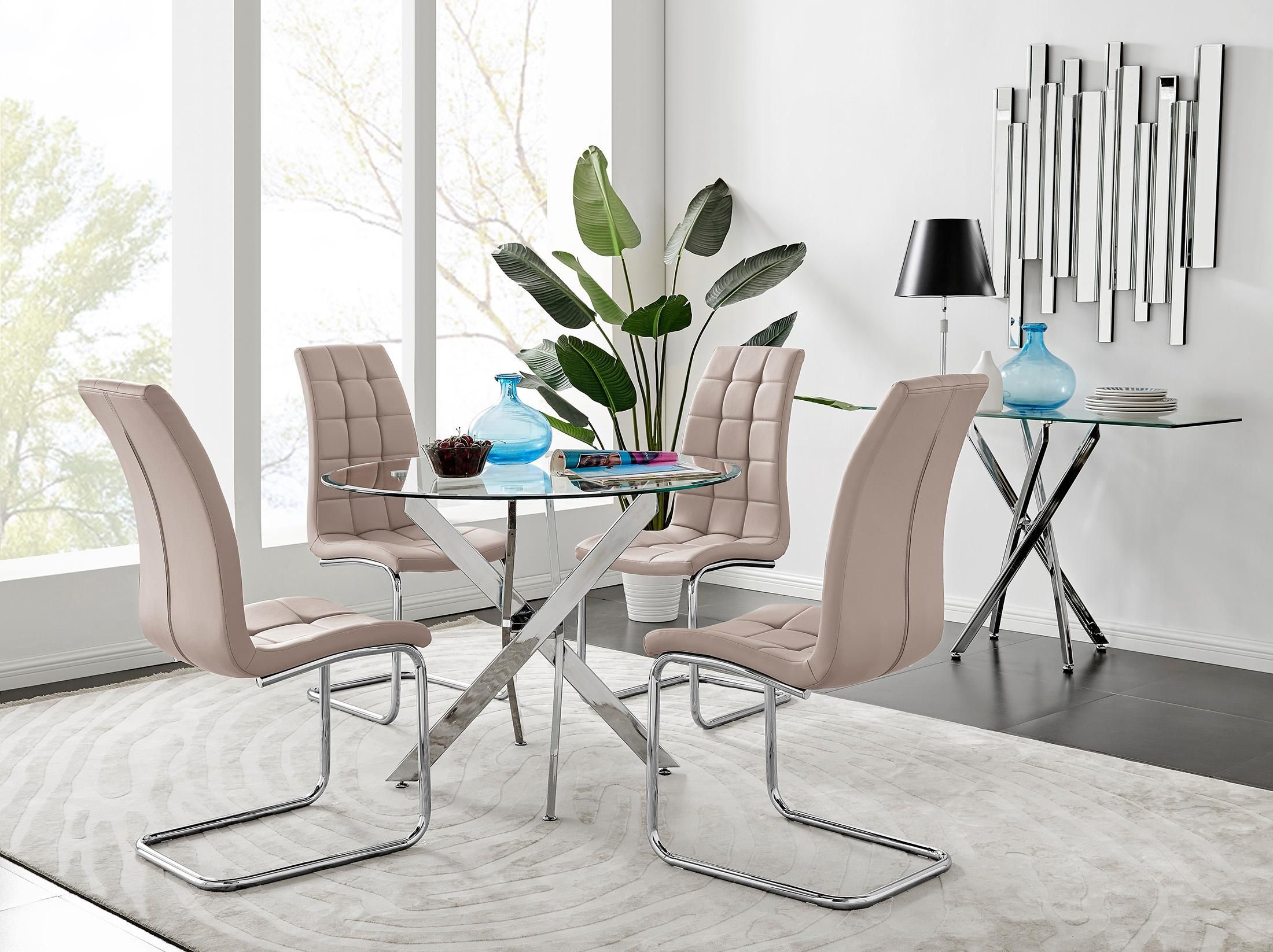 FurnitureboxUK Novara Chrome Metal 100cm Round Glass Dining Table & 4 Murano Dining Chairs in Beige