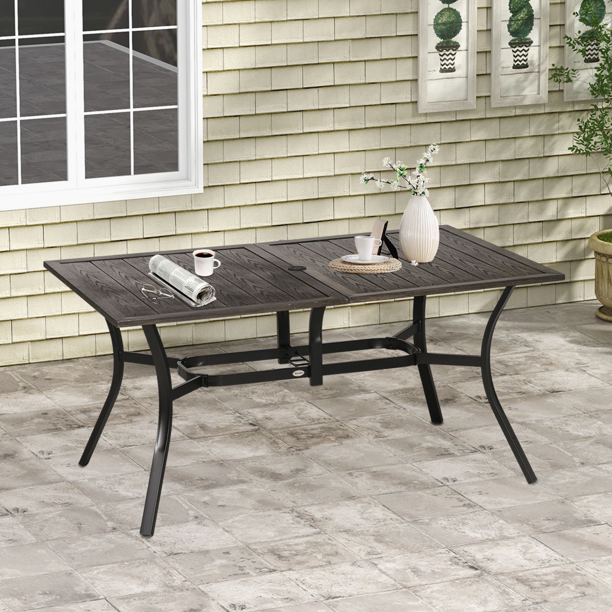 OUTSUNNY Garden Table with Parasol Hole for Patio, Deck, 150 x 96 x 73cm in Brown