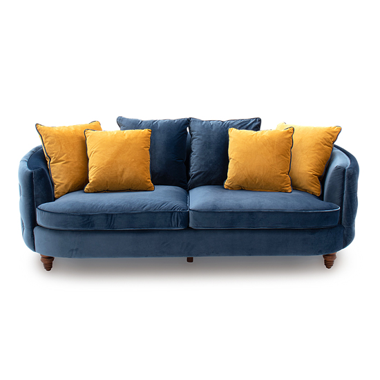 Jools Velvet 3 Seater Sofa In Blue With Scatter Cushions