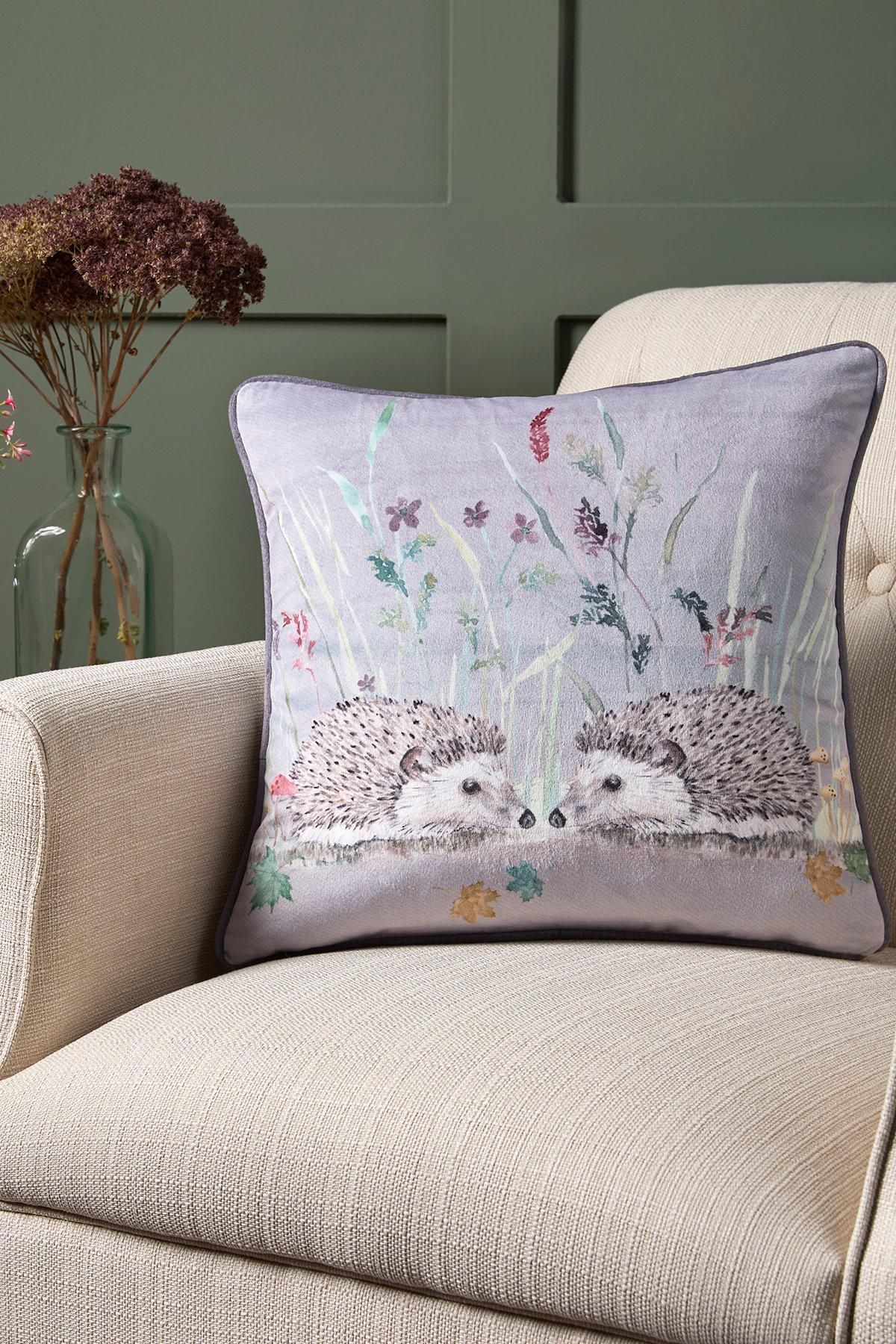 Dreams & Drapes 'Colville Hedgehog' Velvet Filled Cushion in Grey
