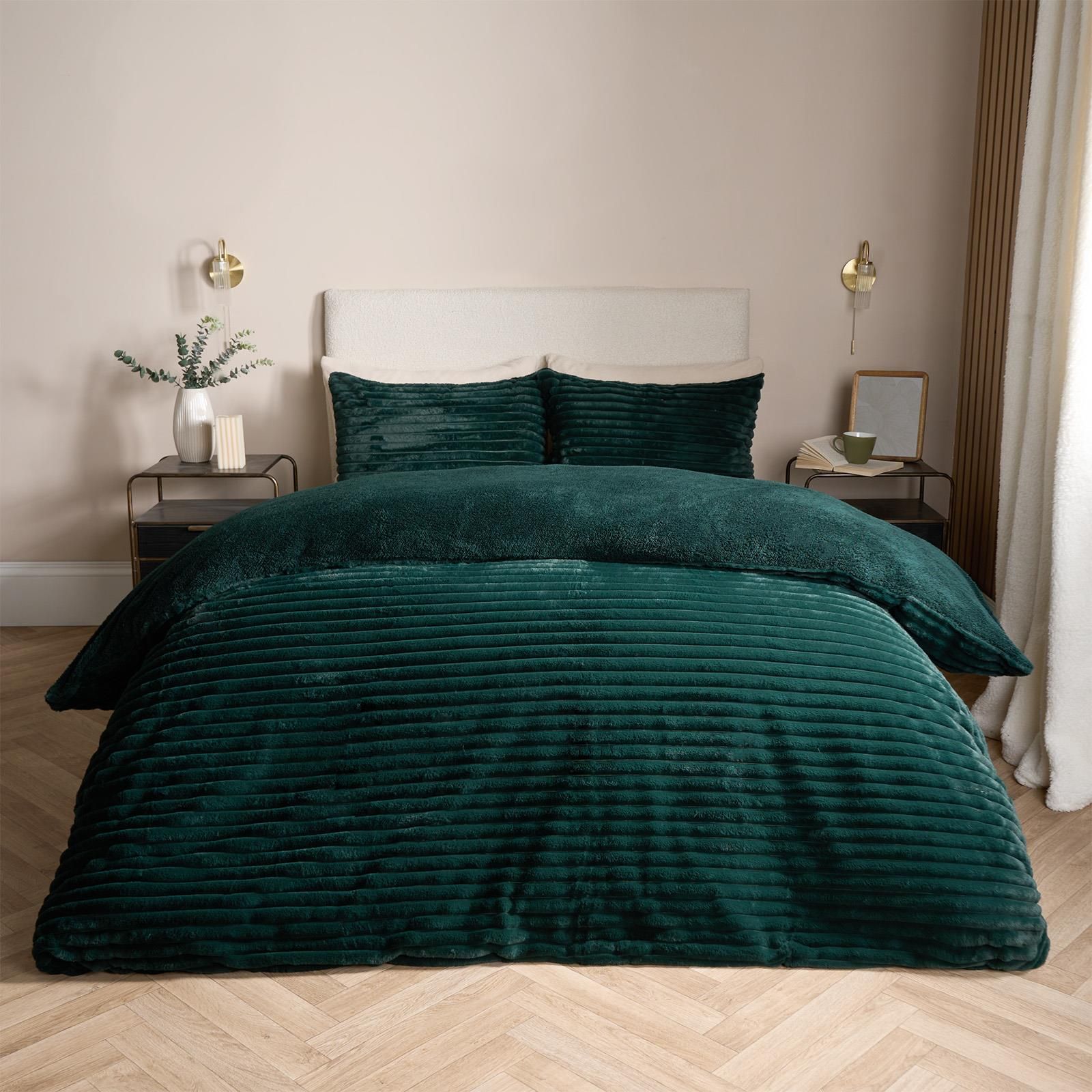 OHS Ribbed Duvet Cover Faux Fur Winter Warm Bedding Set in Green