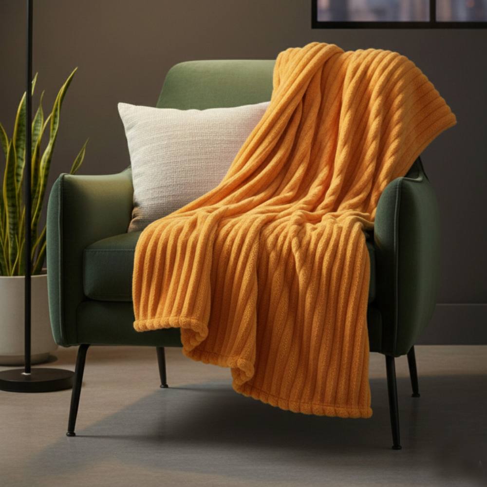 Snug City Chunky Ribbed Mink Throw Ultra Soft Warm Elegant Blanket for Sofa Bed in Orange