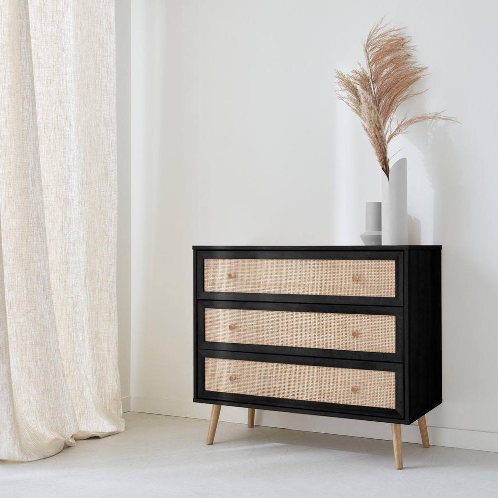 sweeek 3-drawer Chest With Wood & Cane Effect in Black