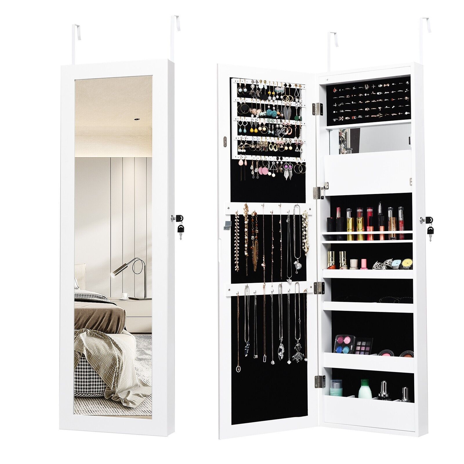 Costway Wall mounted Jewelry Storage Cabinet Door Hanging Jewelry Armoire with Full Mirror in White