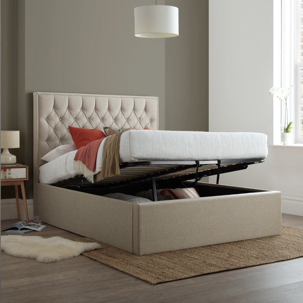 Ottoman Fabric Storage Bed In Oatmeal- 4ft 6 Double