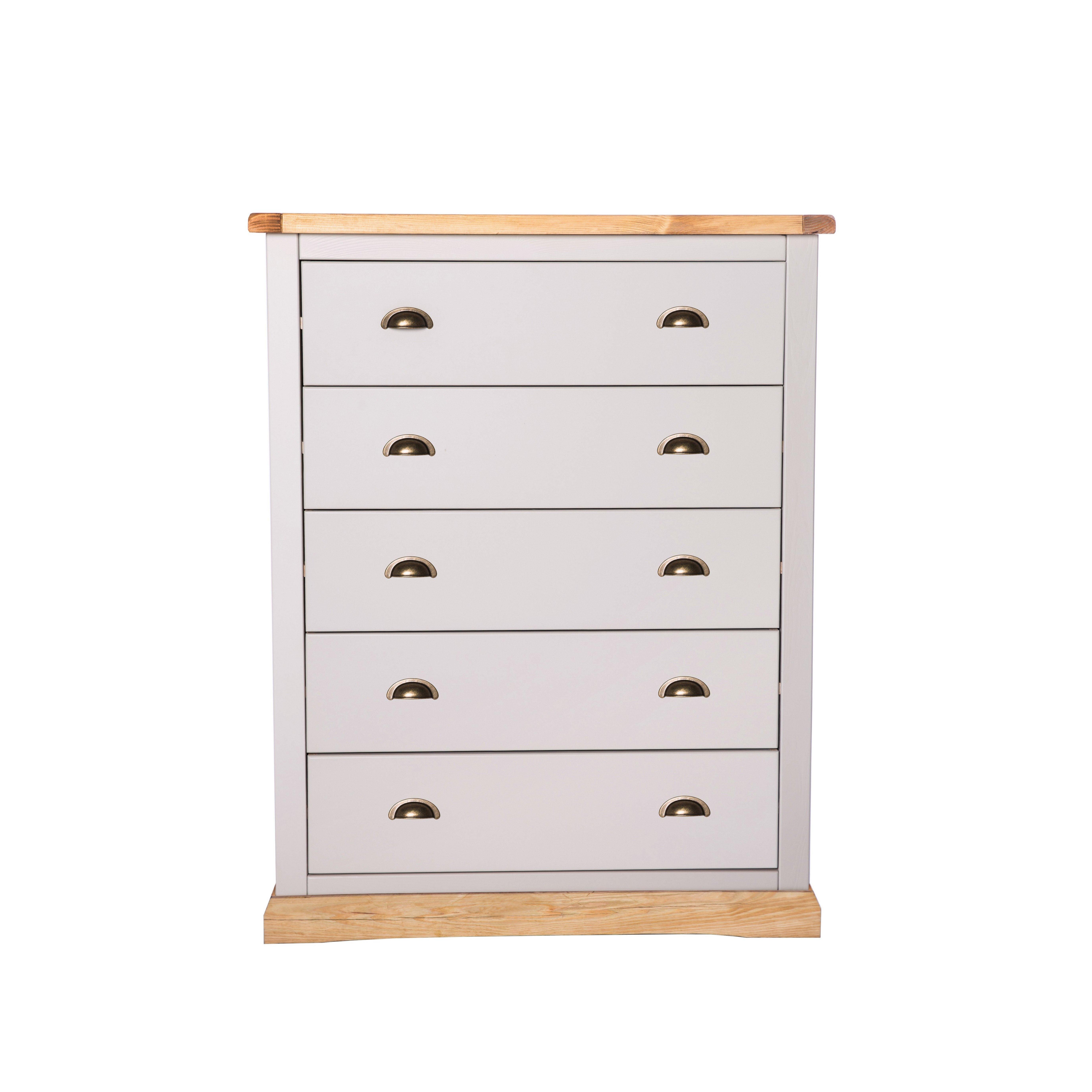 Cabinet Bits Bomporto 5 Drawer Chest of Drawers Brass Cup Handle in Light Grey