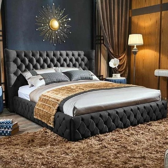 Radium Plush Velvet Upholstered Small Double Bed In Steel