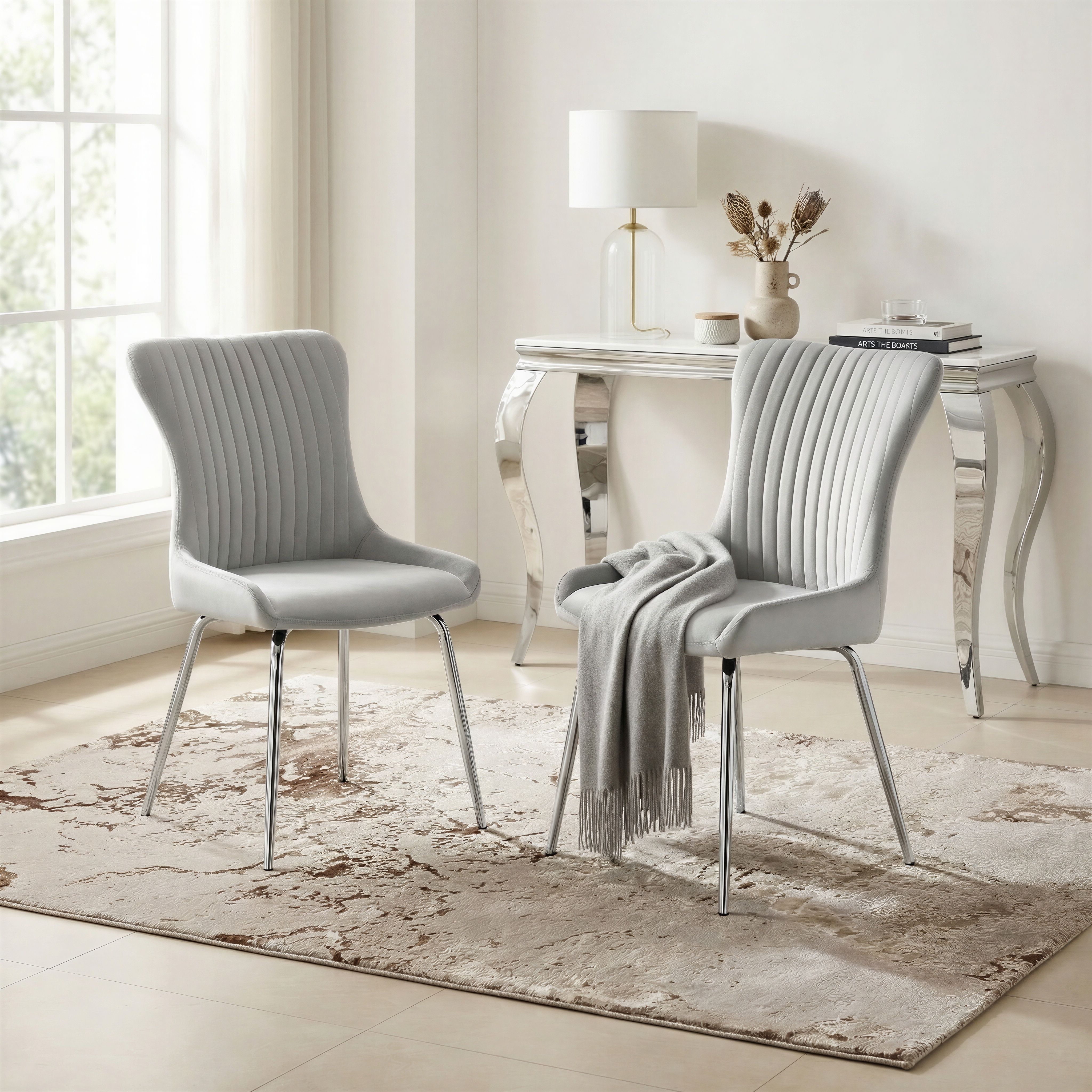 FurnitureboxUK Set of 2 Nora Deep Padded Luxurious Dining Chairs Upholstered In Soft Velvet With Chrome Legs in Light Grey