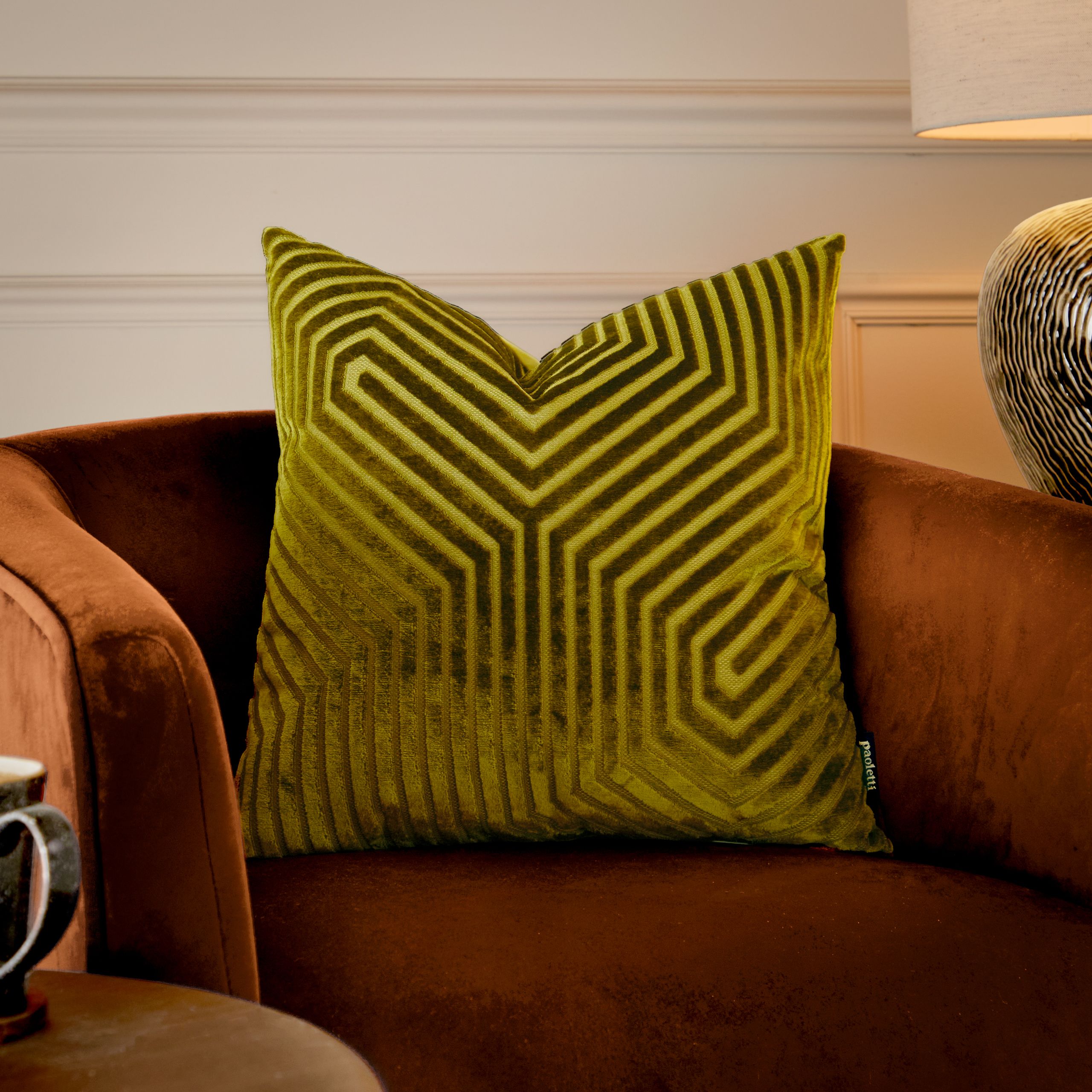 Paoletti Evoke Cut Velvet Cushion in Olive