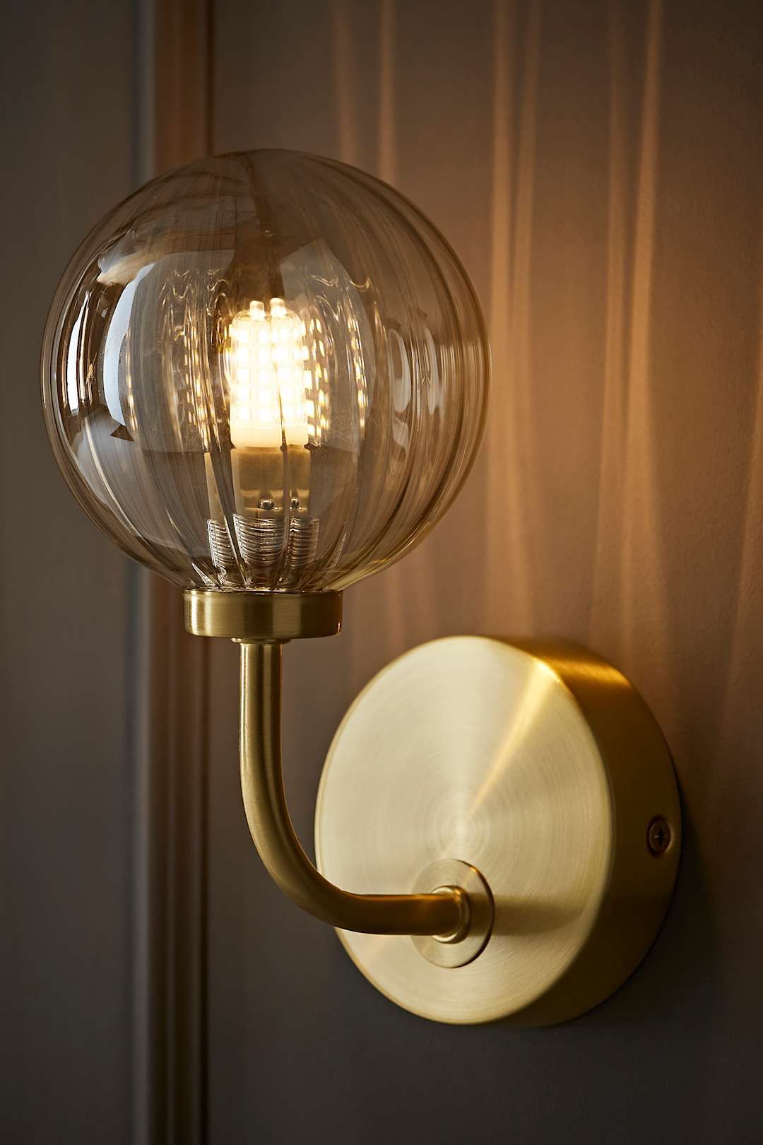 ValueLights Chessy Ribbed Glass Globe Shade Gold Stem Wall Light with LED Bulb