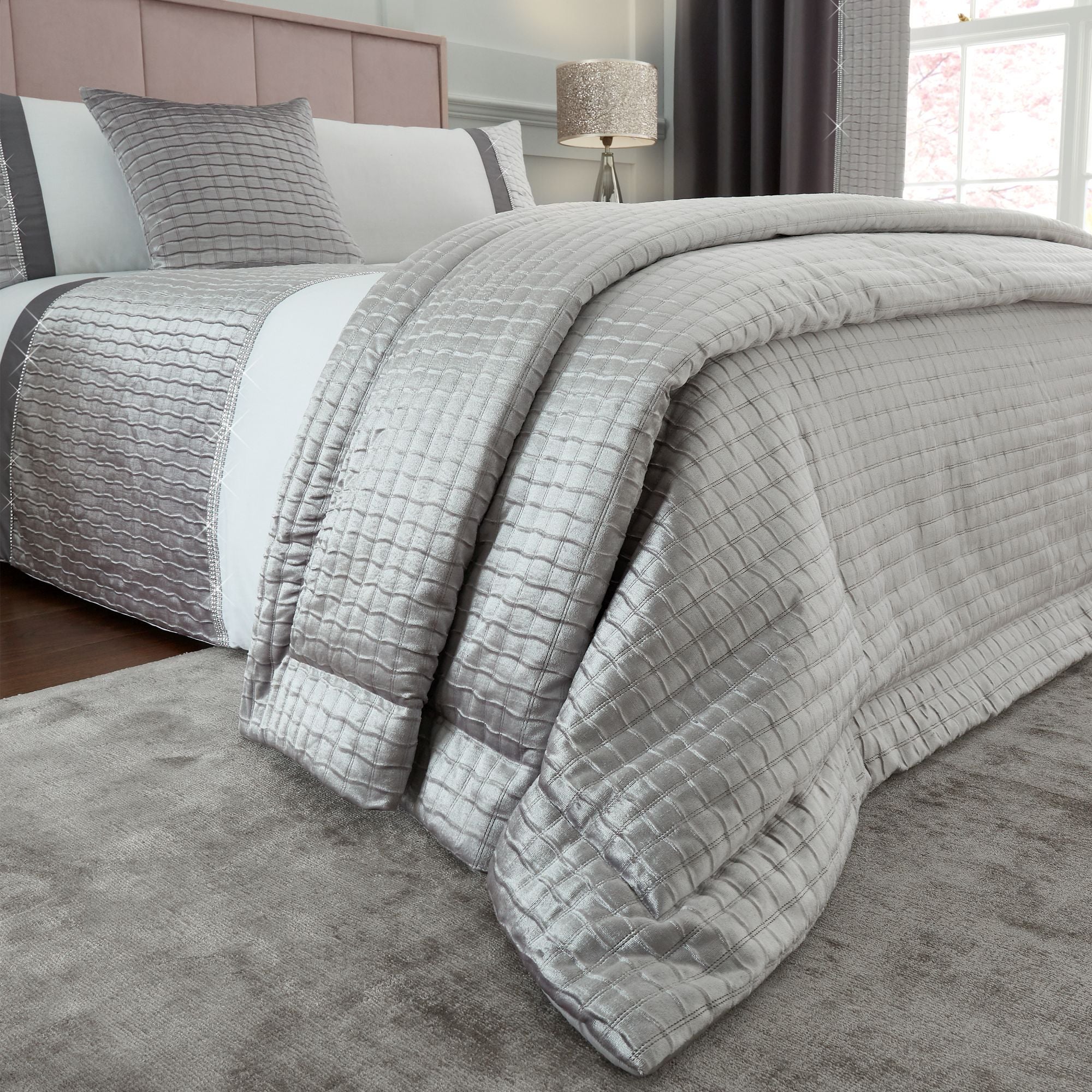 Catherine Lansfield Silver Shimmer Crushed Velvet Pinsonic Bedspread Silver