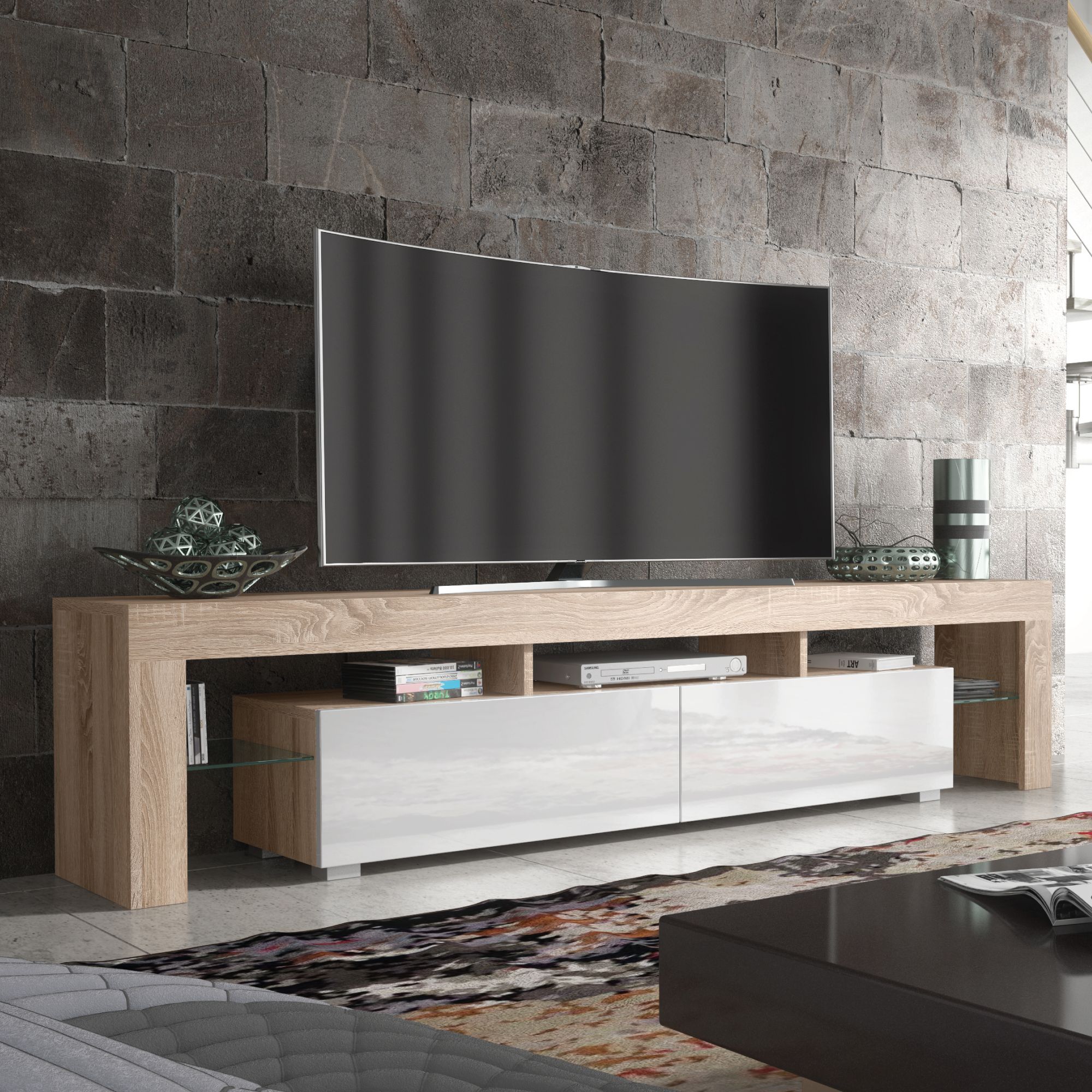 Creative Furniture TV Unit 200cm Modern - Oak with High Gloss White Doors in Light Oak