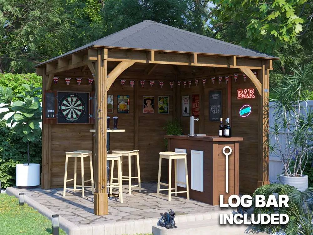 Dunster House Garden Bar Gazebo Heavy Duty with Log Bar 3m x 3m - Leviathan in Brown