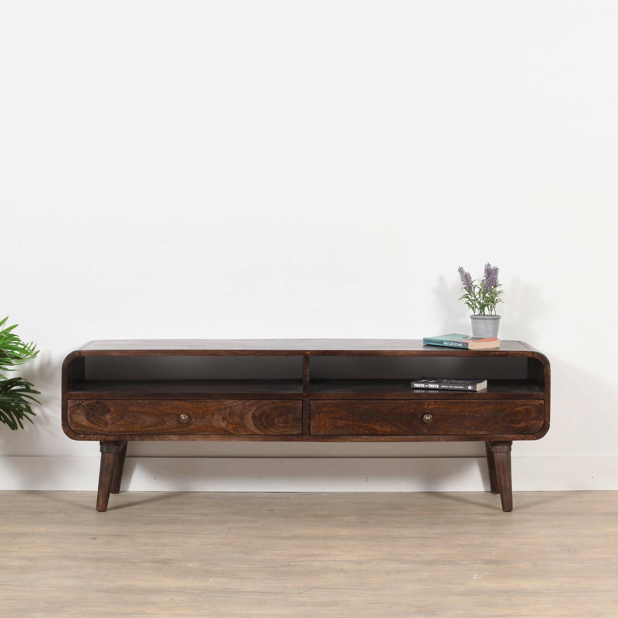 IH Design Malena Dark Mango Wood Large TV Stand with 2 Drawers in Dark Brown