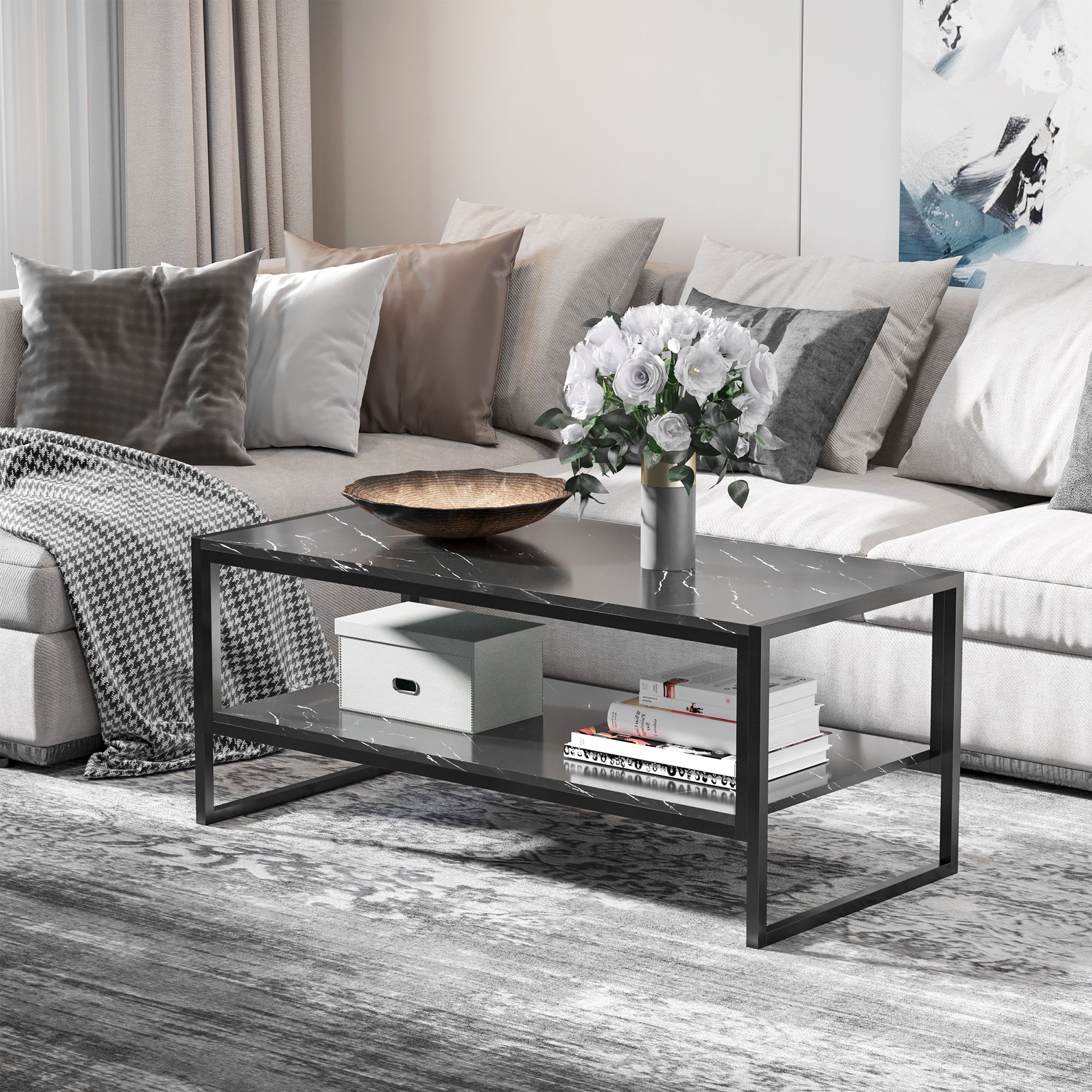 HOMCOM Elegant Two Tier Marble Effect Coffee Table Metal Frame in Black