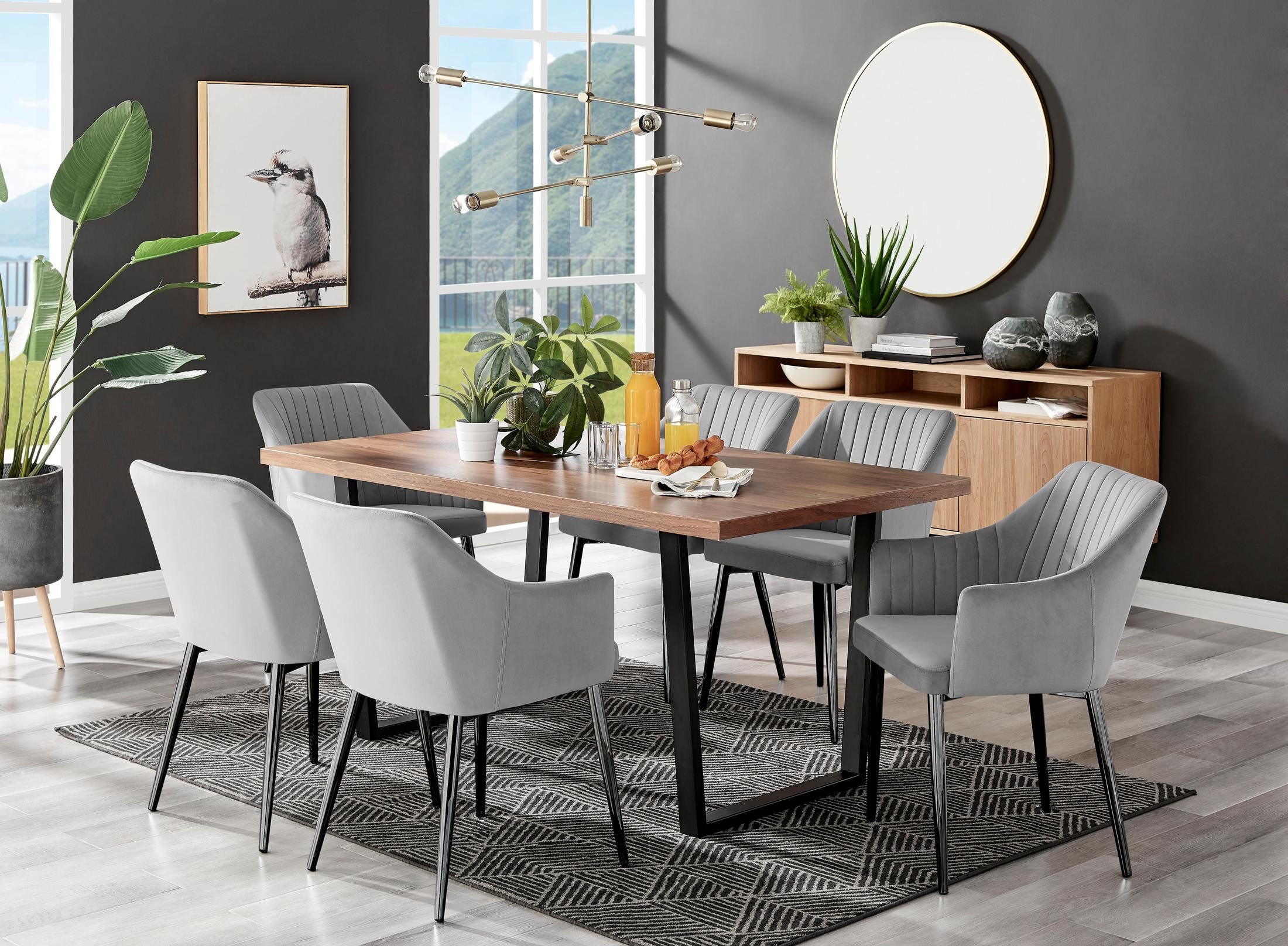 FurnitureboxUK Kylo Large Brown Wood Effect Dining Table & 6 Calla Black Leg Velvet Chairs in Grey