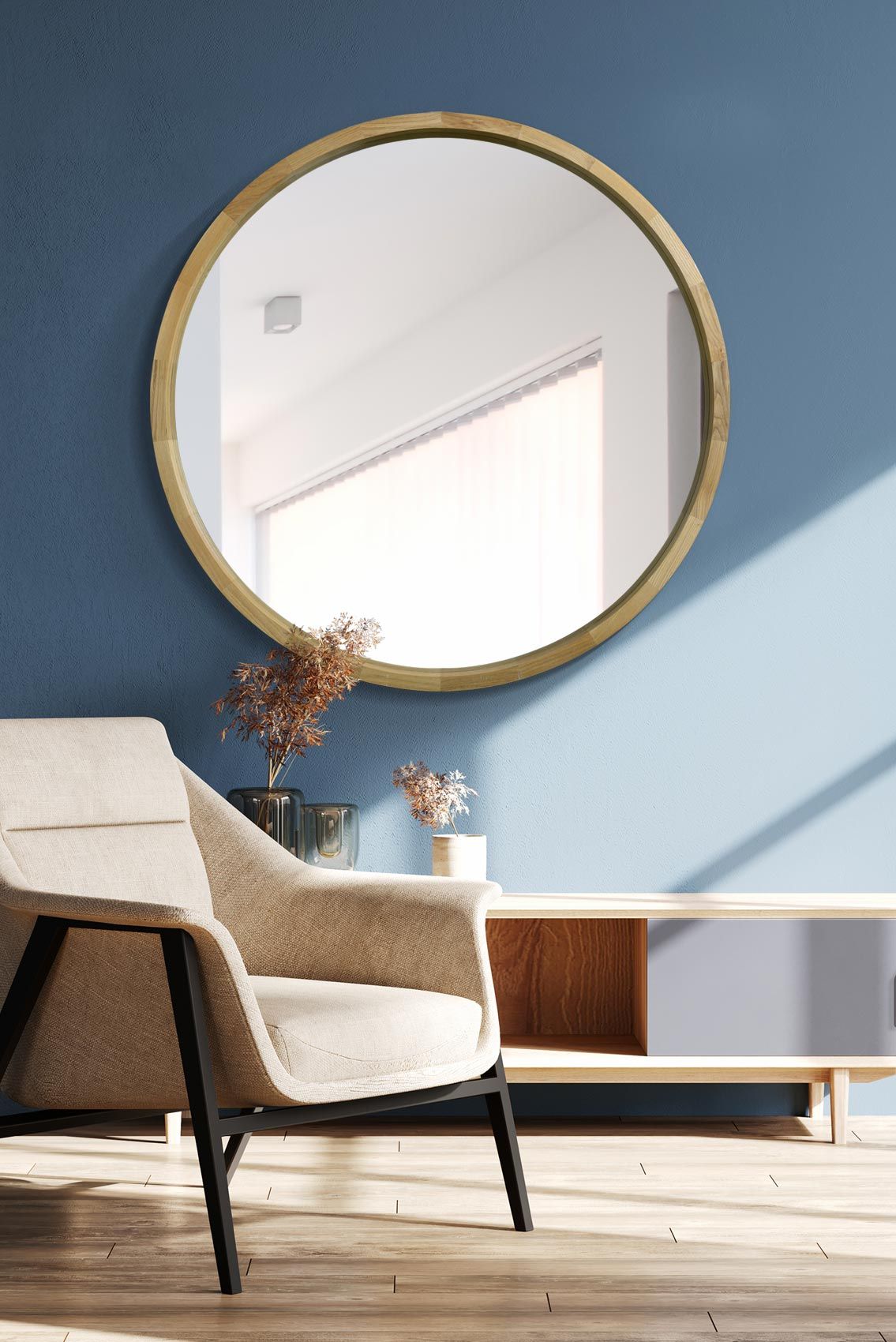 MirrorOutlet Solid Oak Round Deep Dish Framed Mirror 39" X 39" (100CM X 100CM) in Beige