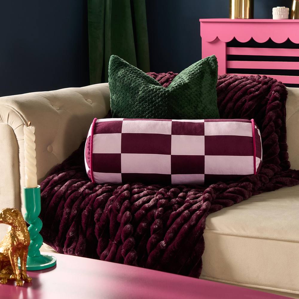 OHS Checkerboard Matte Velvet Bolster Pillow Soft Cylindrical Cushion in Burgundy
