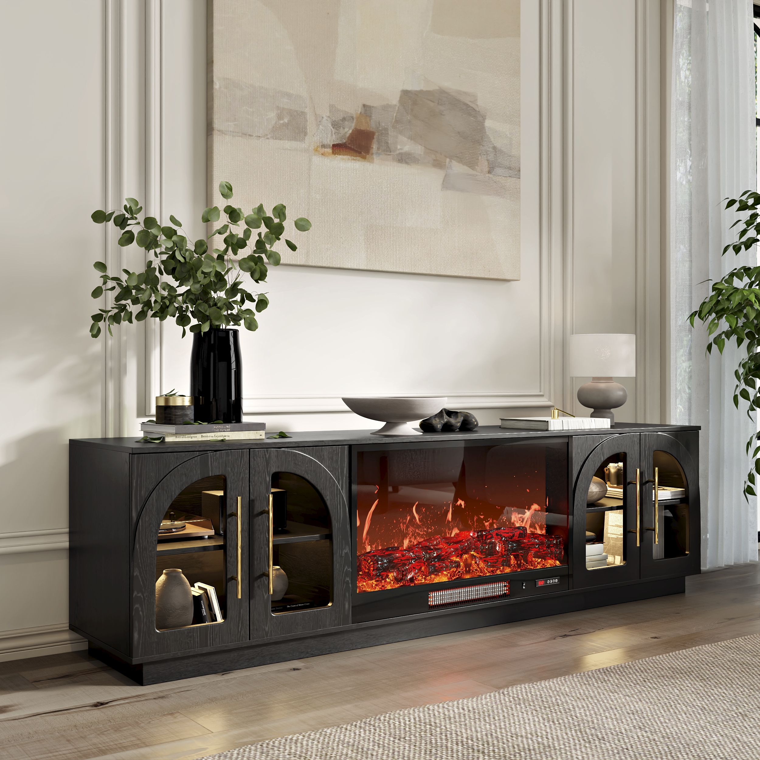Arune 203 cm Arched Glass Doors TV Stand with Electric Fireplace & Remote Control
