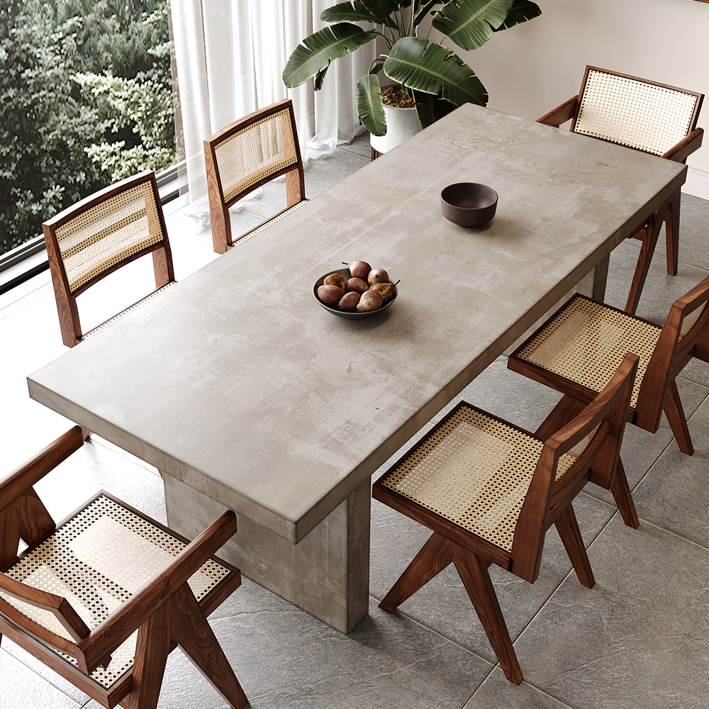 1800mm Concrete Gray Wooden Dining Table & 6 Walnut Japandi Rattan Dining Chairs