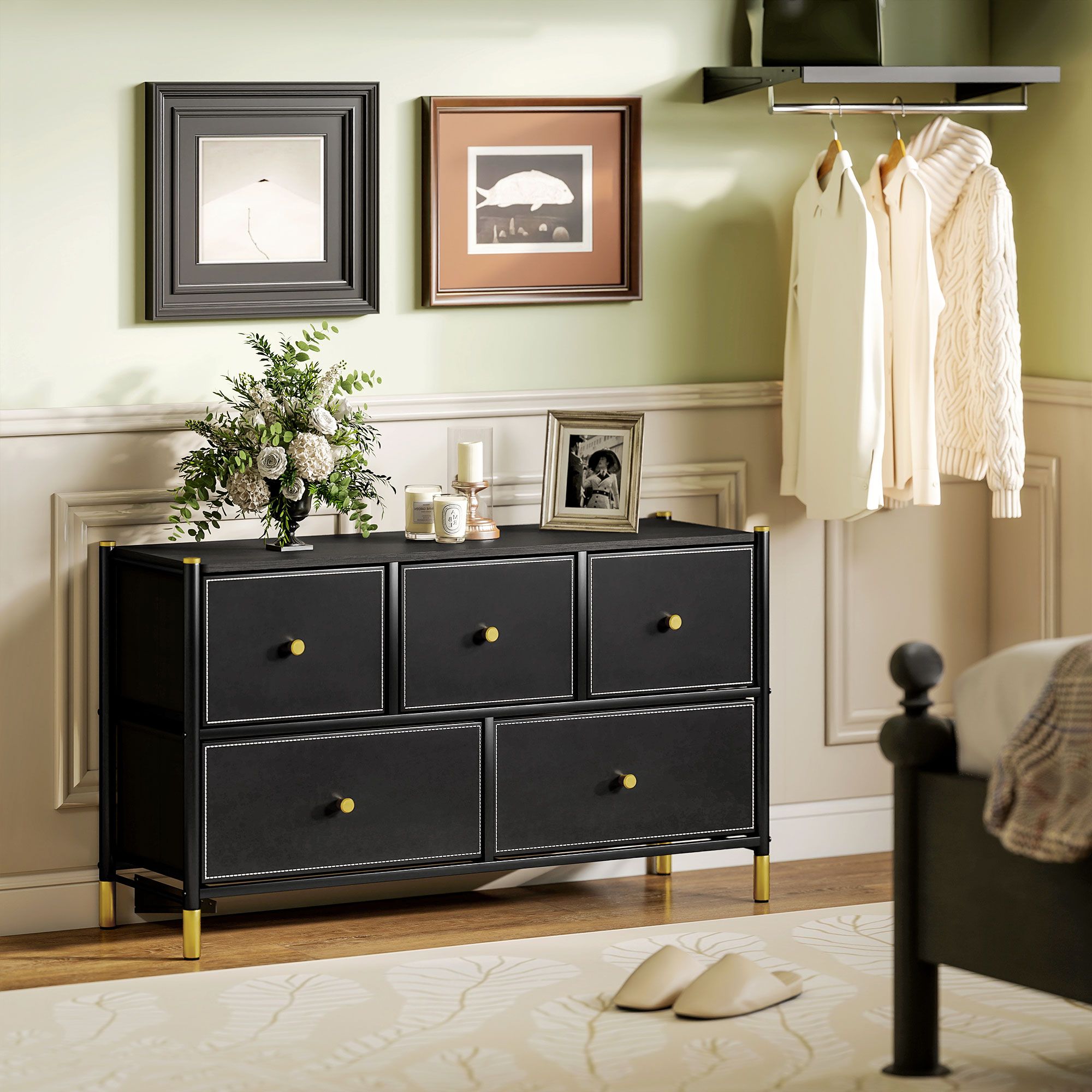 HOMCOM Fabric Chest of Drawers with PU Leather Surface, for Bedroom in Black