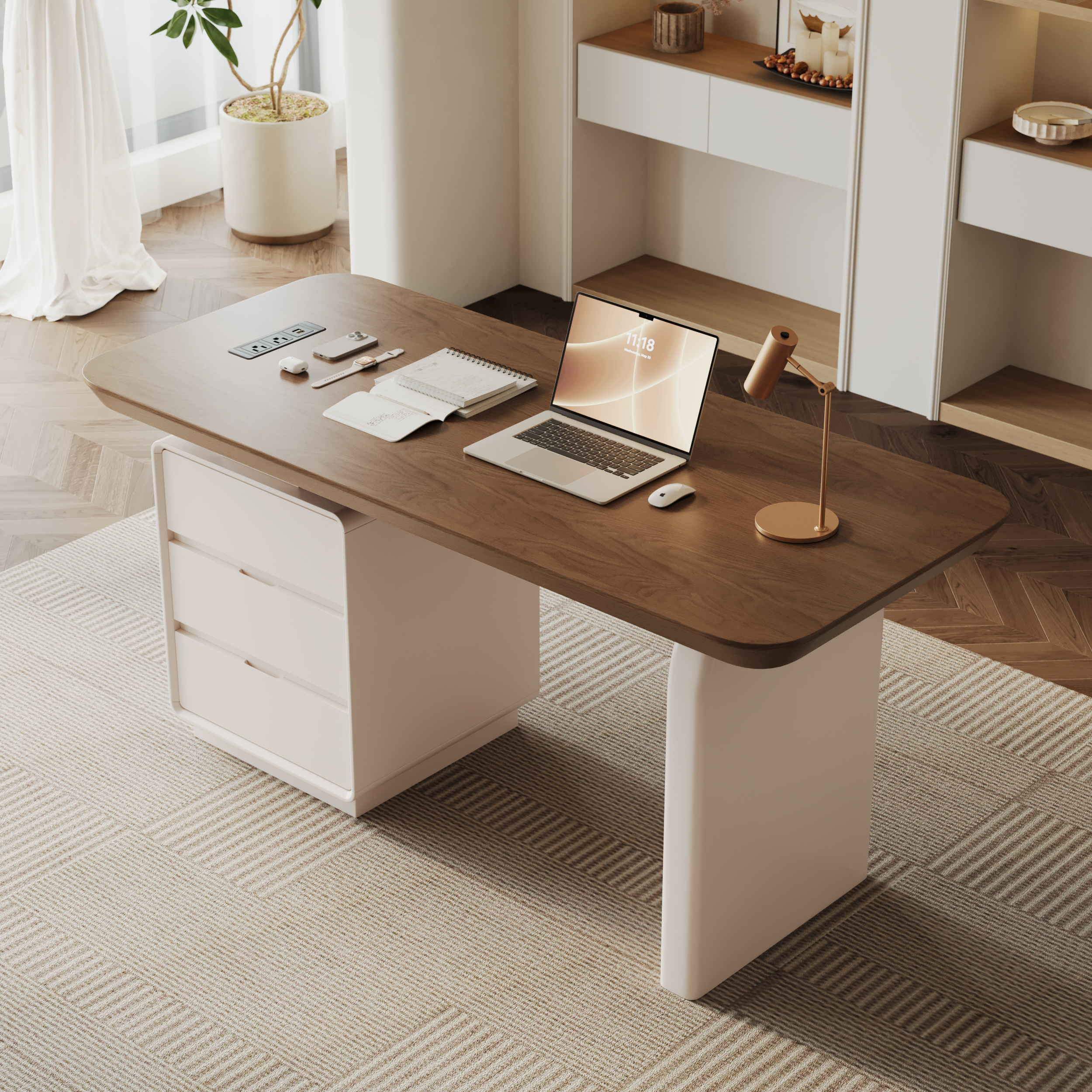 Modern 160 cm Rectangular Walnut Wood Desk with charging station & storage