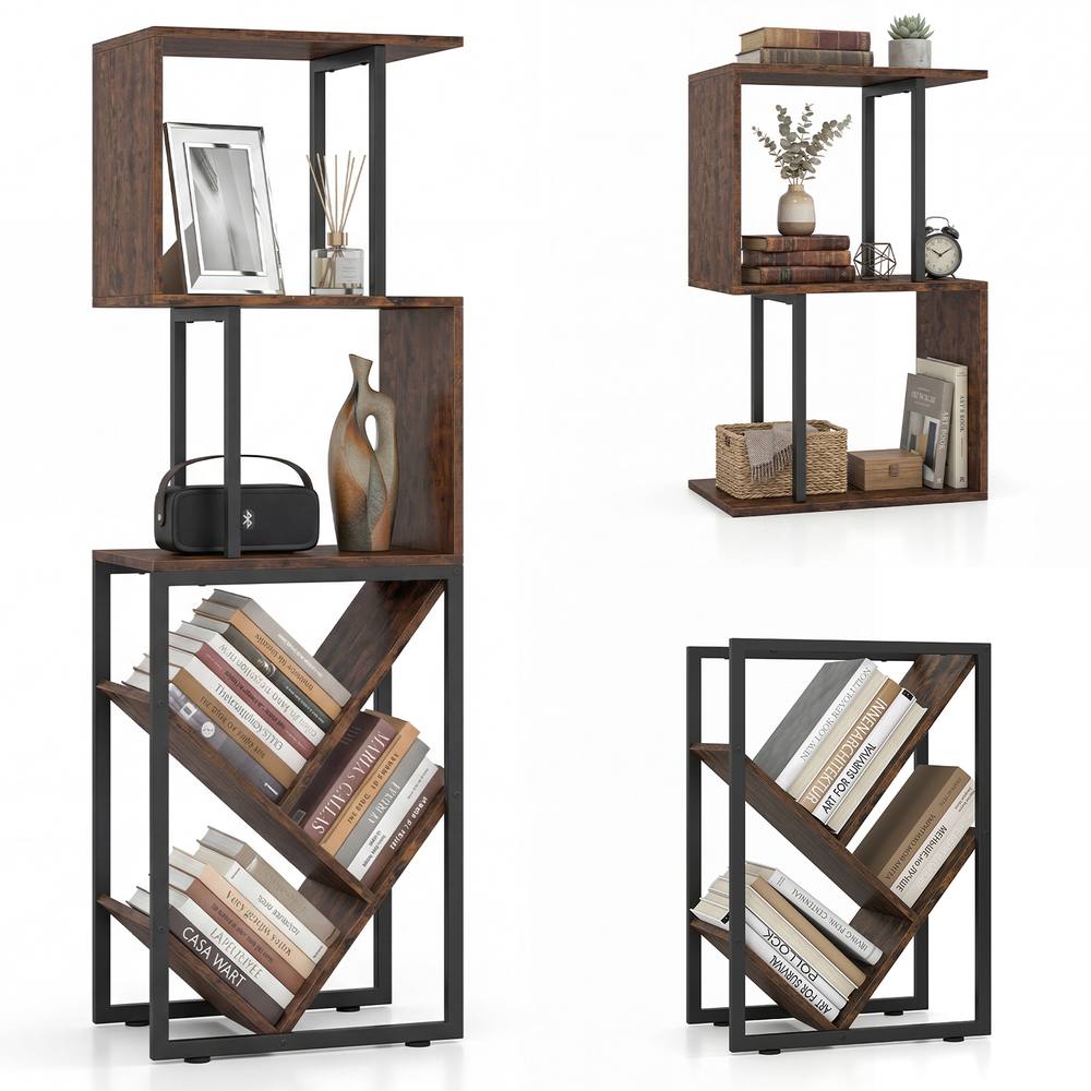 Costway 6-Tier Bookshelf Industrial Bookcase Wooden S-Shaped Storage Organizer in Brown