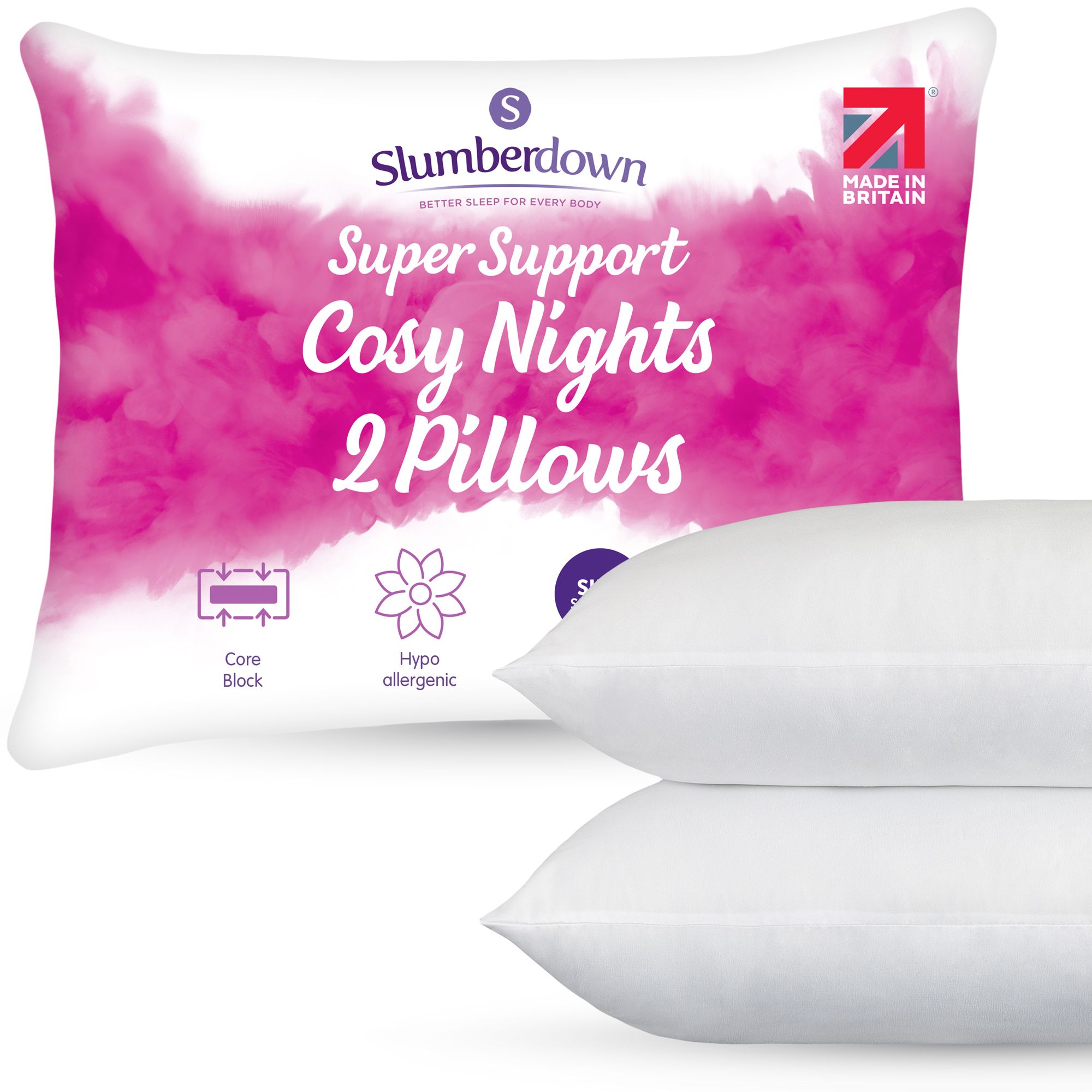 Slumberdown 2 Pack Cosy Nights Super Support Side Sleeper Firm Pillows in White