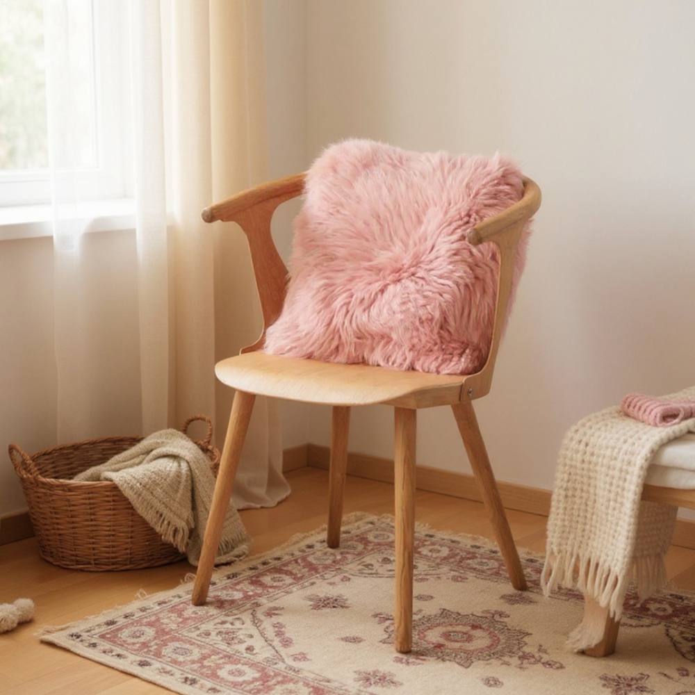 Infinity Leather Natural Sheepskin Real Wool Cushion in Pink