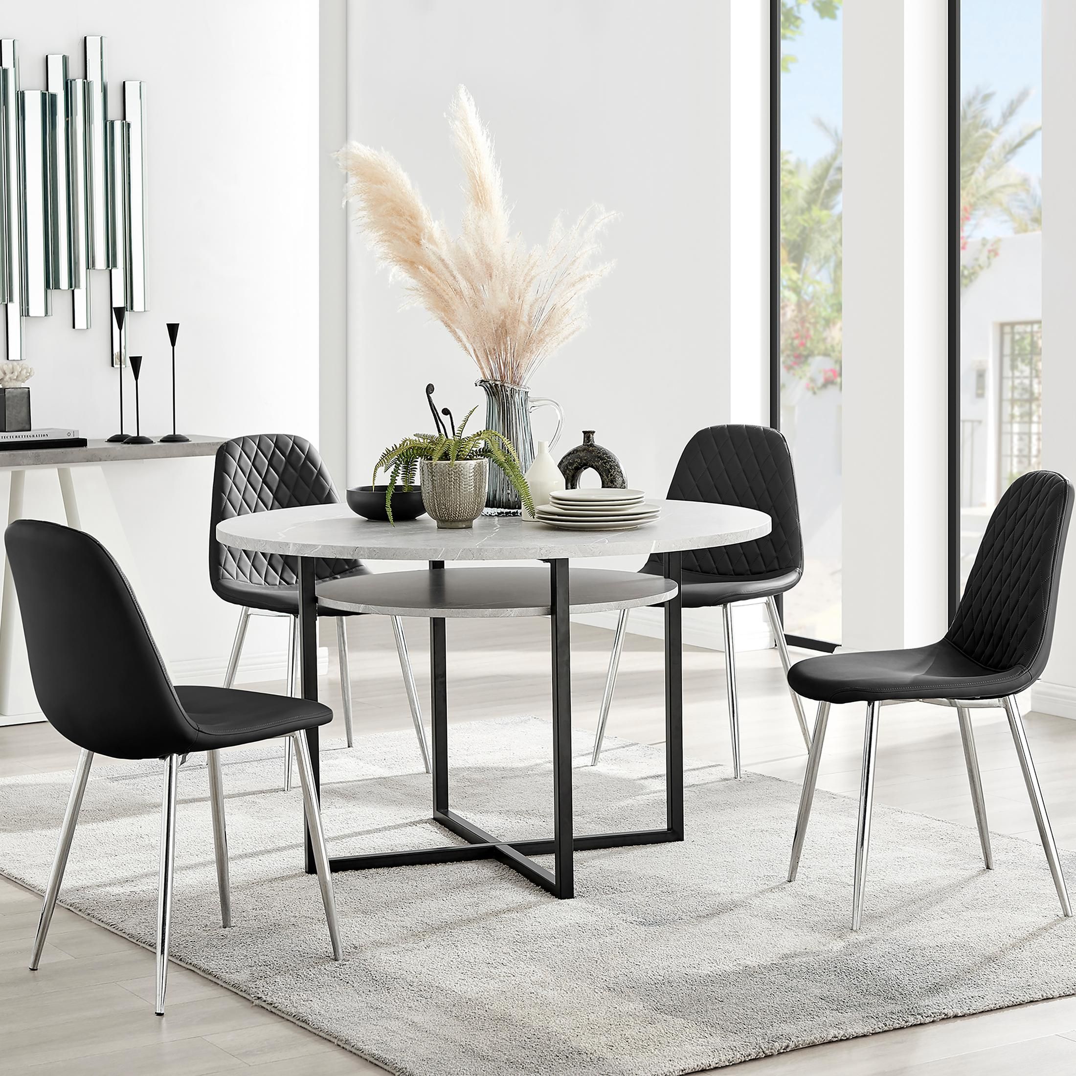 FurnitureboxUK Adley Grey Concrete Effect Round Dining Table & 4 Corona Silver Chairs in Black