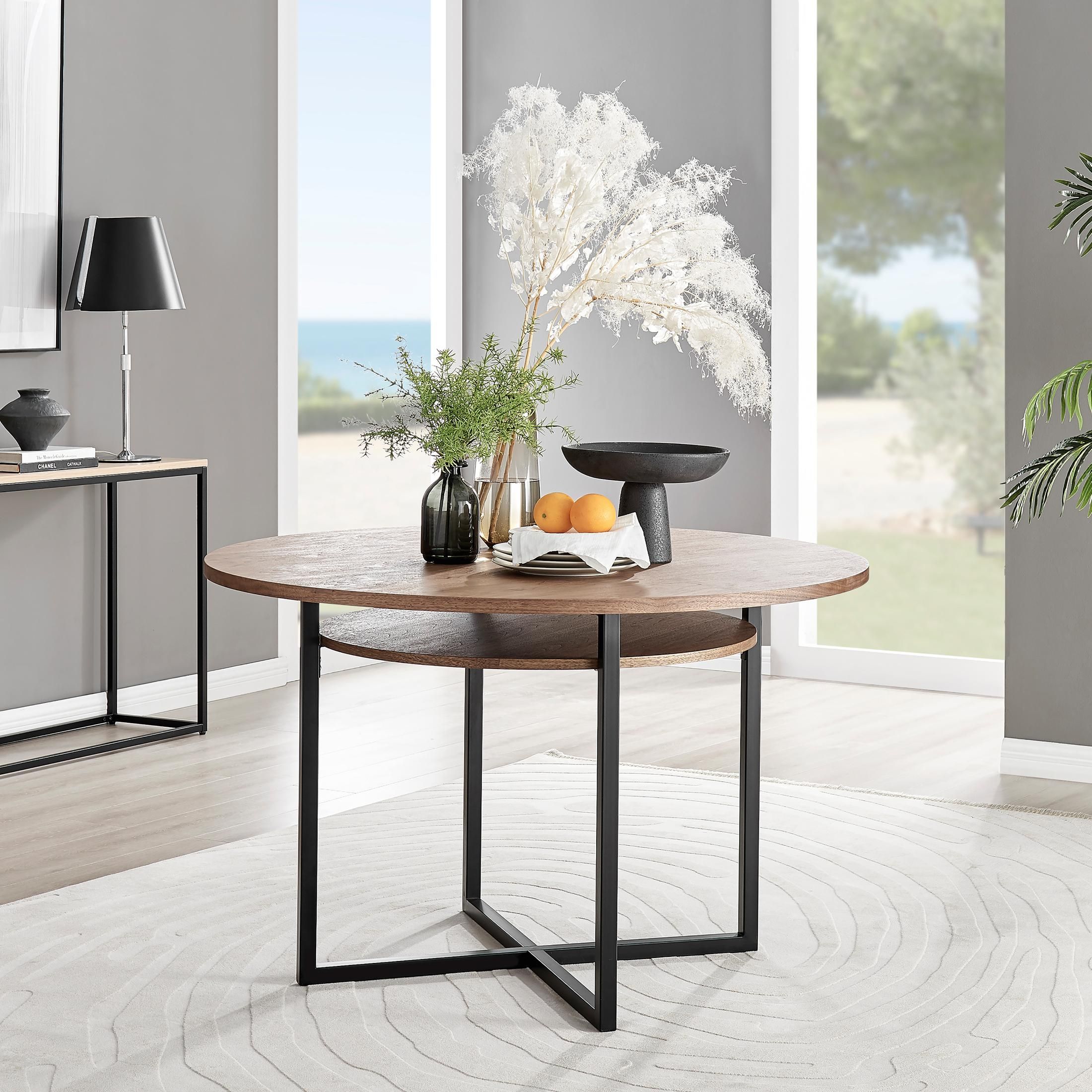 FurnitureboxUK Adley Round 120cm Dining Table With Storage Shelf in Brown