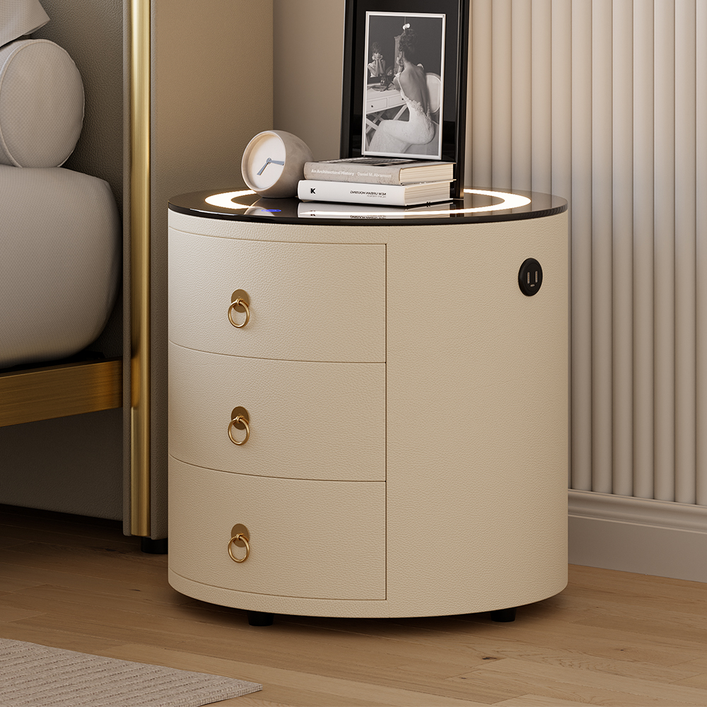 Round PU Leather Bedside Table with Wireless Charging & Speakers & USB Port Modern Off-White Bedside Table