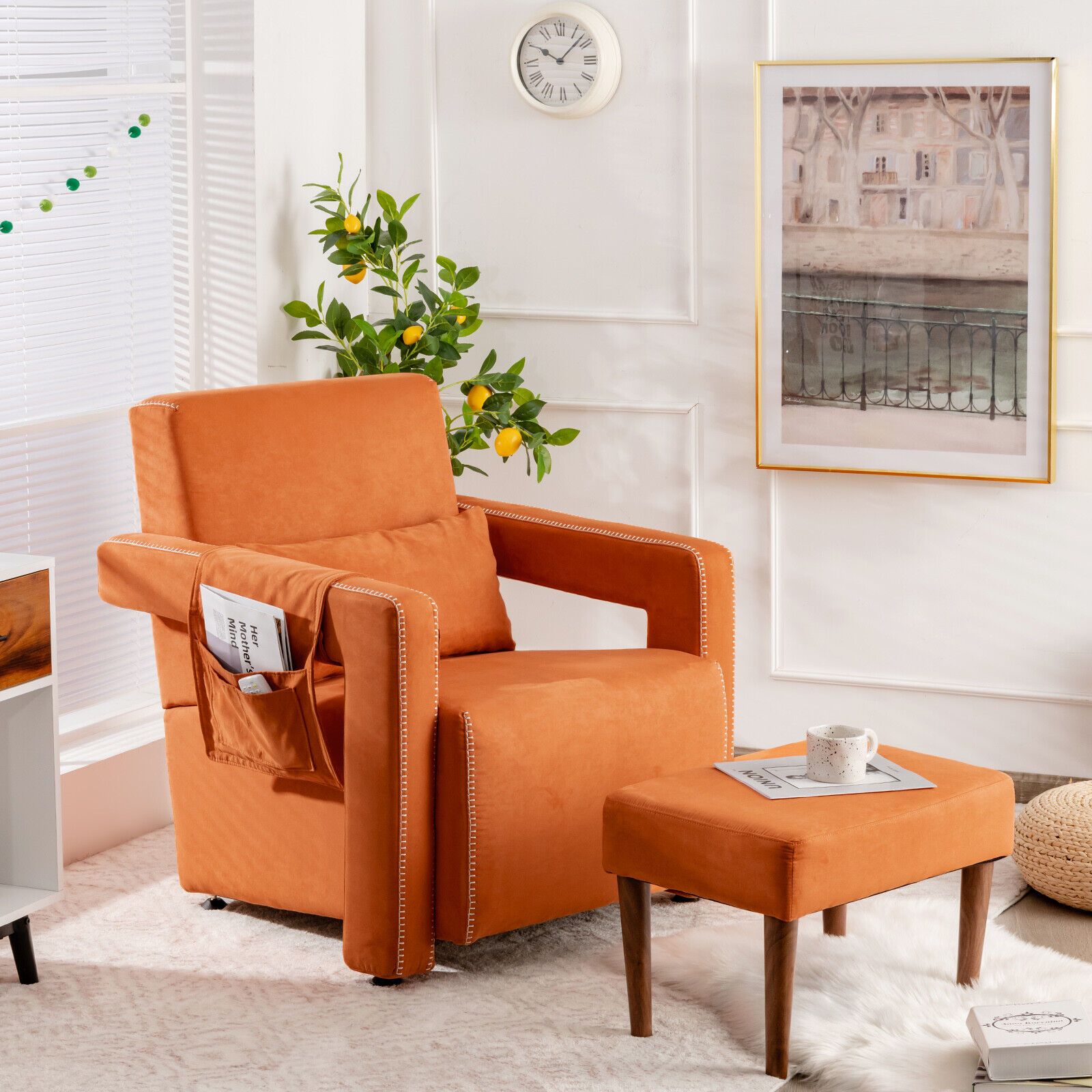 Costway Modern Accent Sofa Chair w/ Ottoman Upholstered leisure Armchair Living Room in Orange