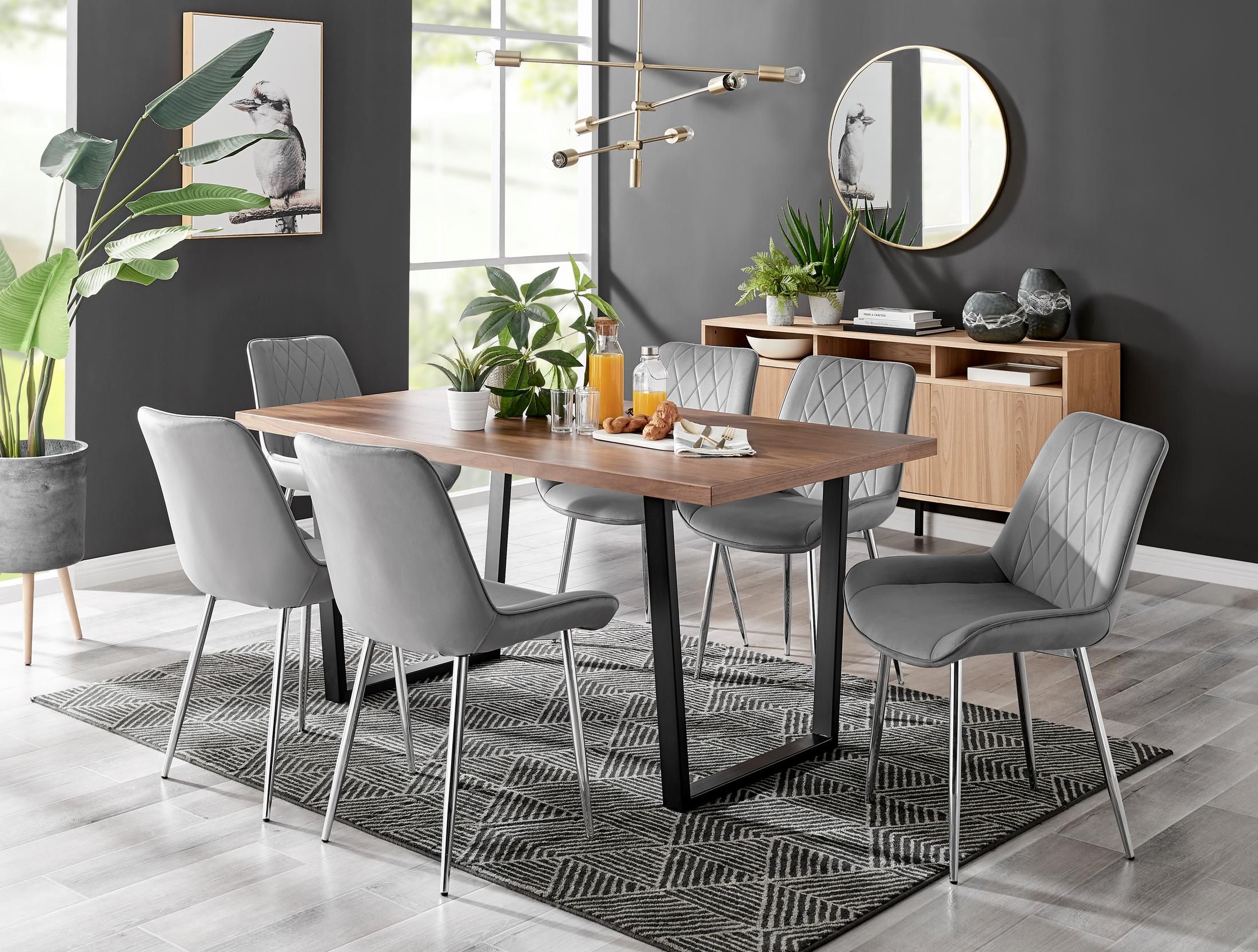 FurnitureboxUK Kylo Large Brown Wood Effect Dining Table & 6 Pesaro Velvet Silver Leg Chairs in Grey