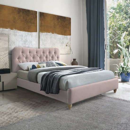 Suzum Fabric Upholstered Small Double Bed In Blush Pink