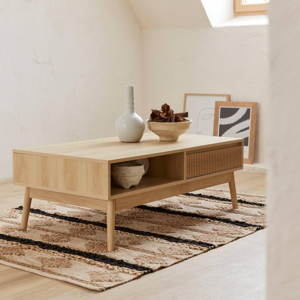 sweeek Grooved Wood Detail Coffee Table in Light Brown