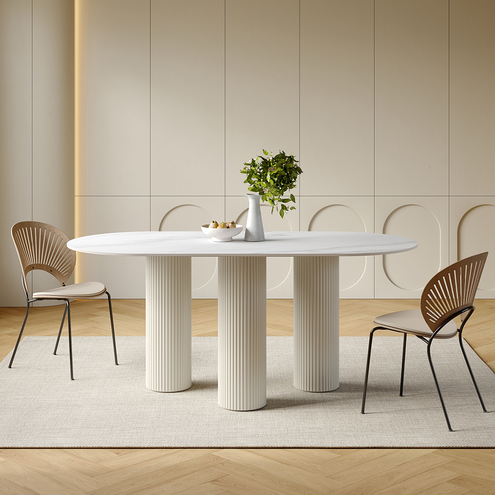 1400mm Modern Oval Stone Top Dining Table 3 Legs in White