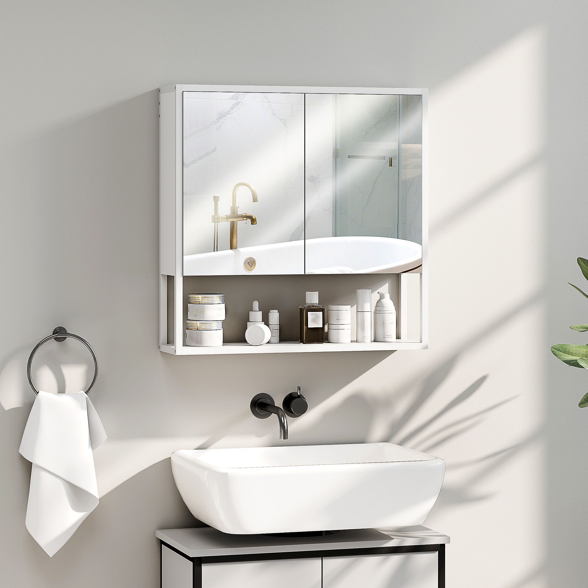 HOMCOM Industrial Bathroom Cabinet with 2 Mirrored Doors Open Shelf, White