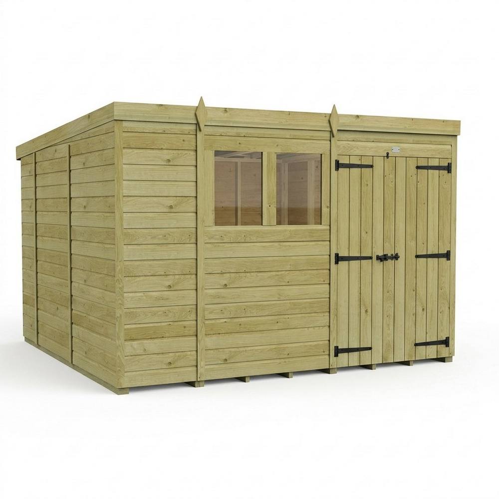 Buttercup Farm 10ft x 10ft Pent Garden Shed Double Door With Windows - Timber in Brown