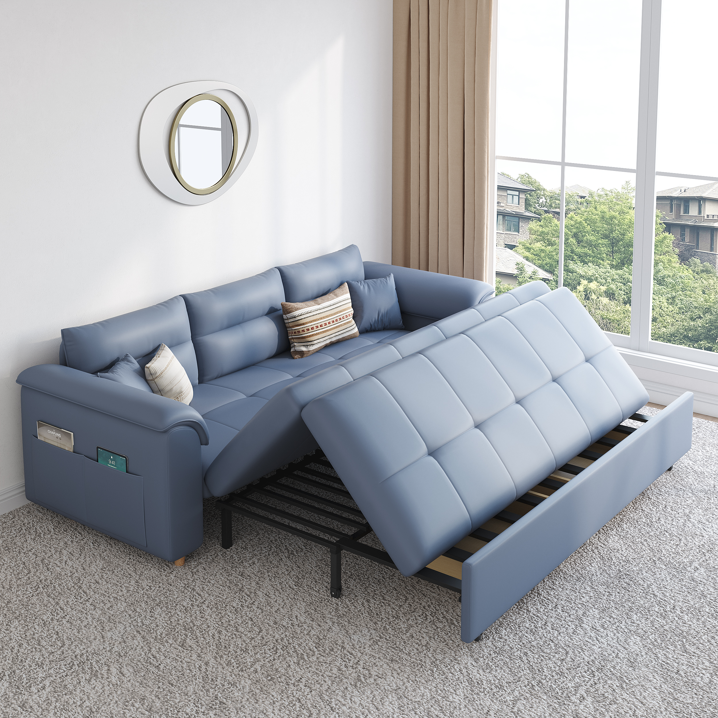 188 cm Full 2-Seater Faux Leather Pull-out Sleeper Sofa with Storage and Side Pockets