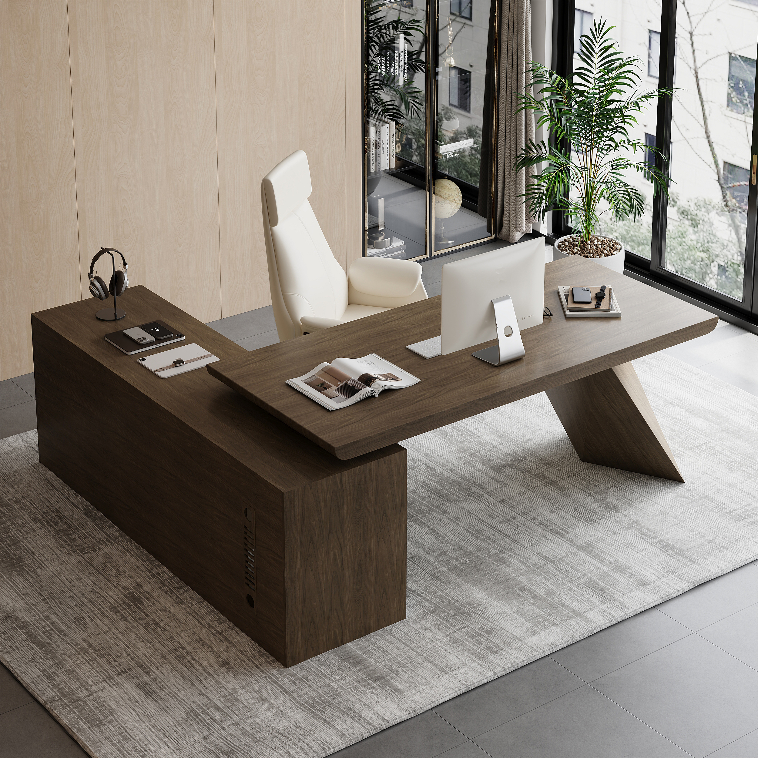 Modern 71" L-Shaped Smoked Brown Executive Desk with Right-Side Cabinet