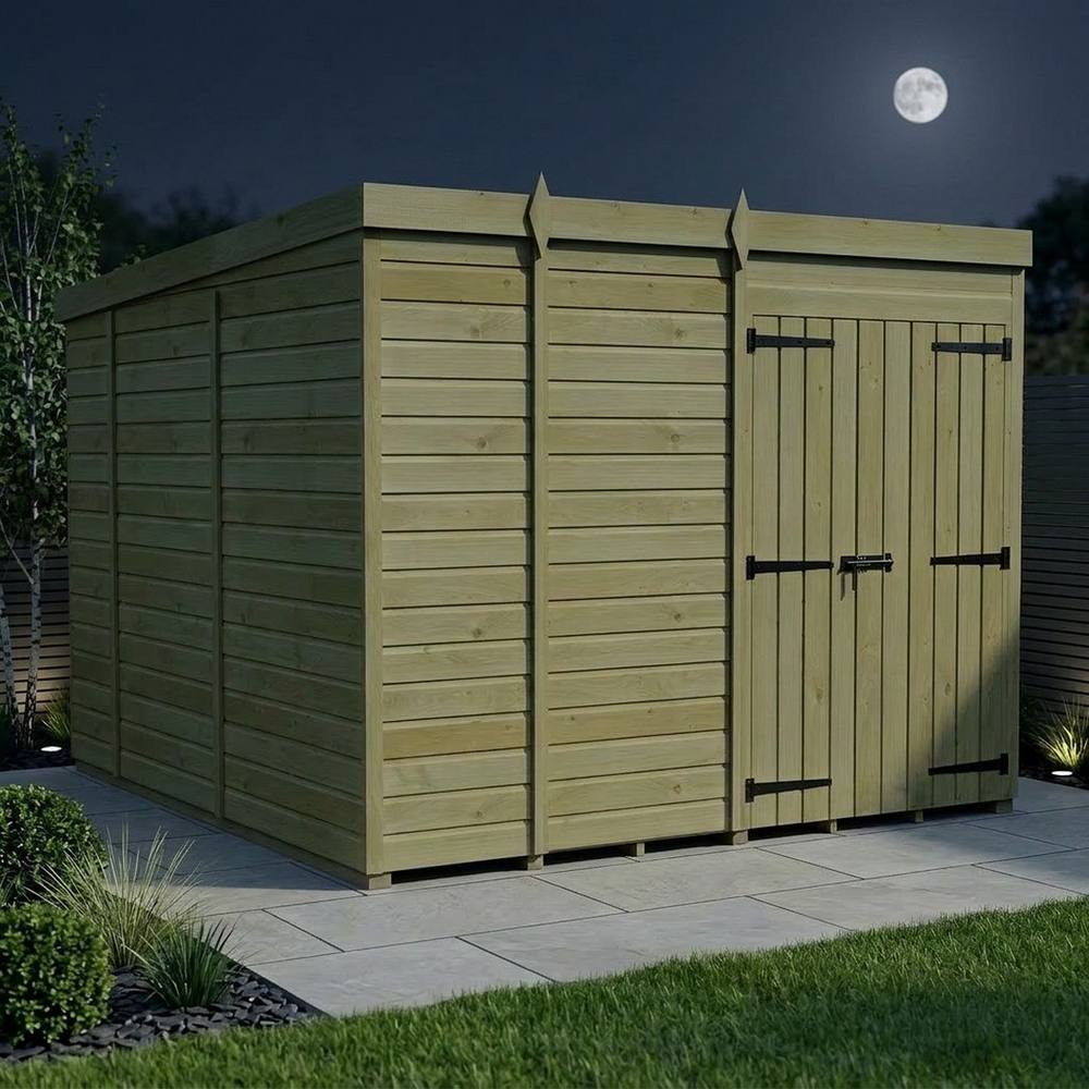 Buttercup Farm 9ft x 10ft Pent Garden Shed Double Door No Windows - Timber in Brown 3