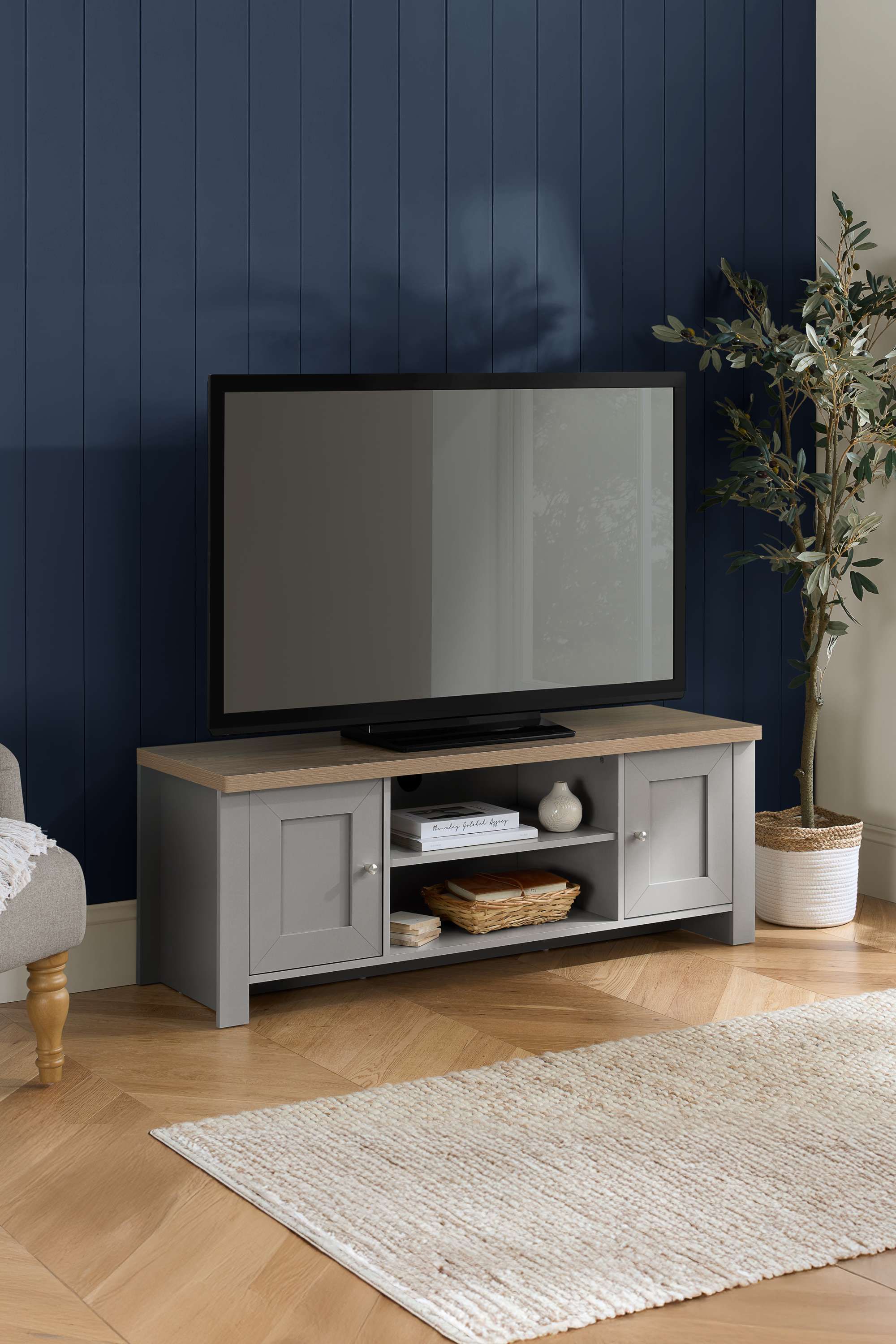 Birlea TV Unit Blue Oak Highgate Large Entertainment Navy Farmhouse Shabby Chic in Grey