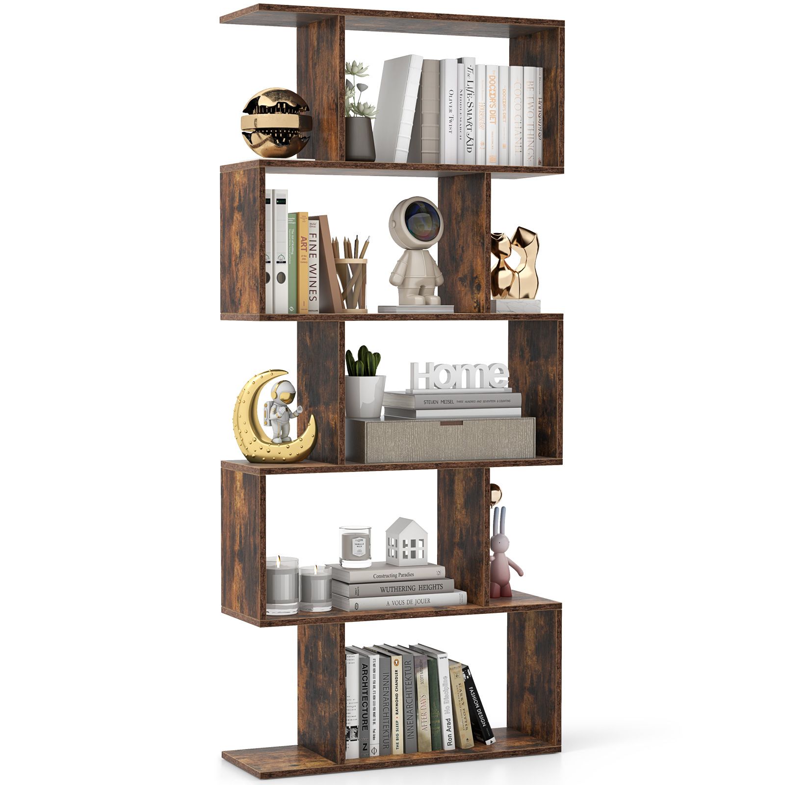 Costway 5-tier Bookcase S-Shaped Bookshelf Wooden Storage Display Rack in Brown