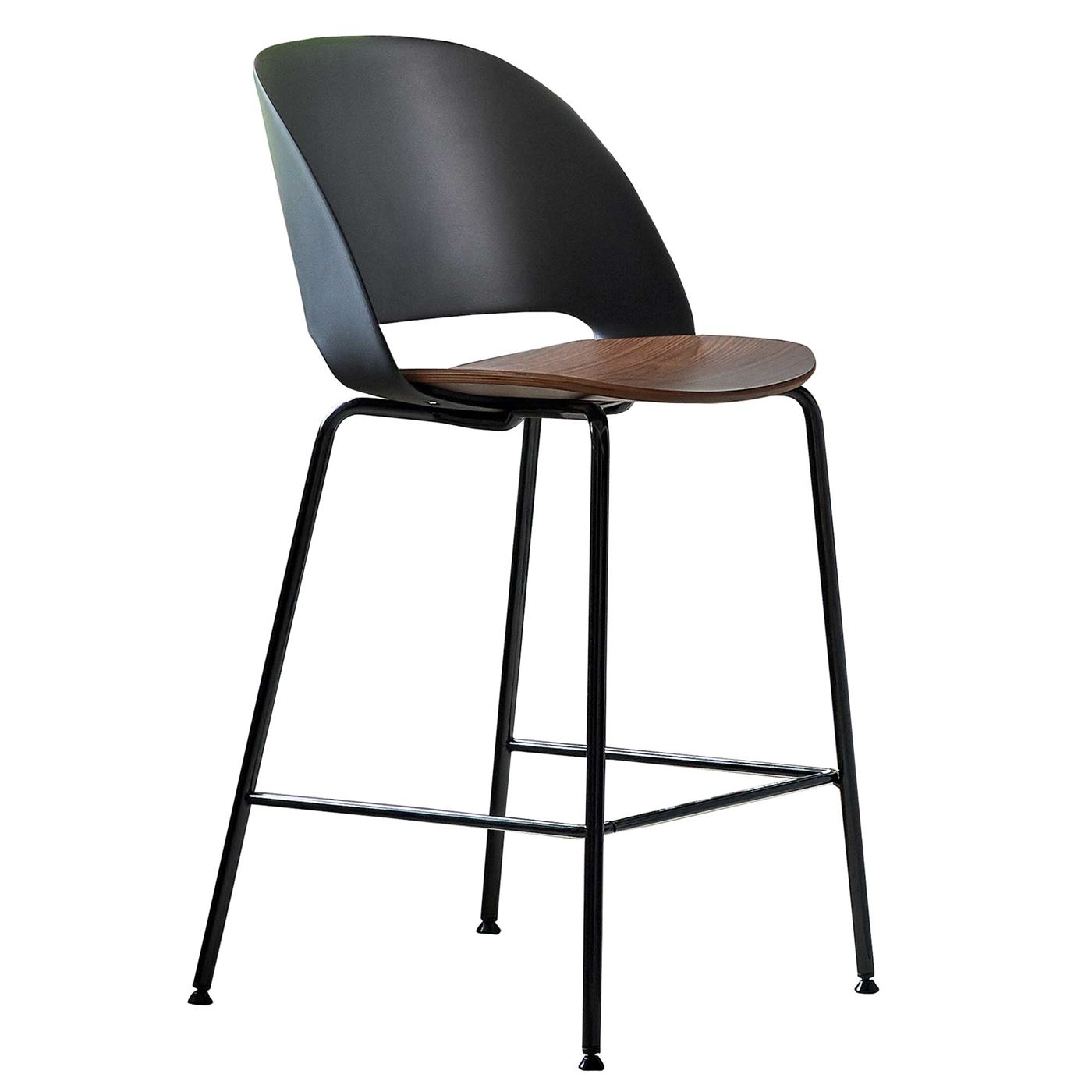 Bontempi Polo Barstool, Glossy Black Frame, Black Back and Walnut Seat