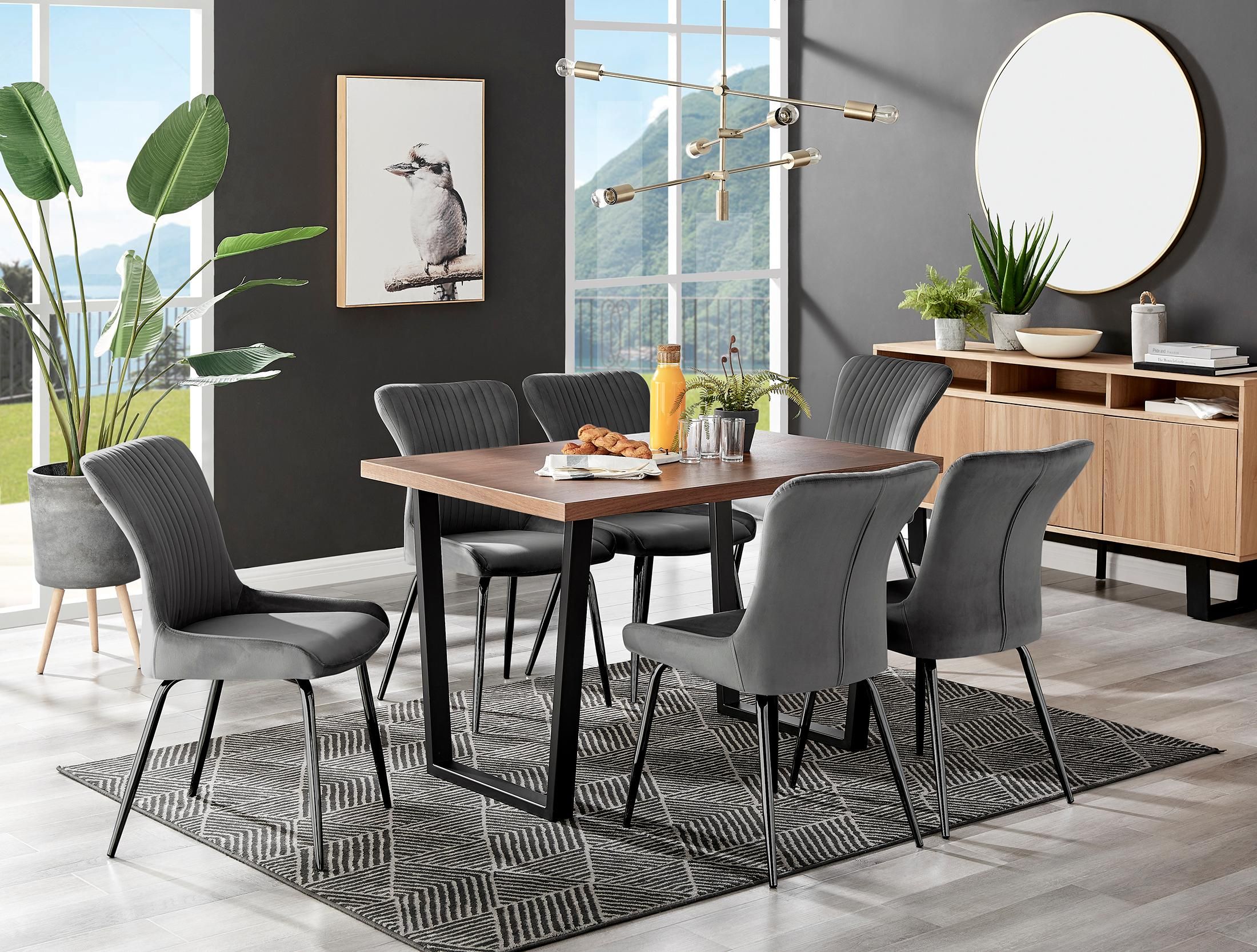 FurnitureboxUK Kylo Large Brown Wood Effect Dining Table & 6 Nora Black Leg Velvet Chairs in Dark Grey