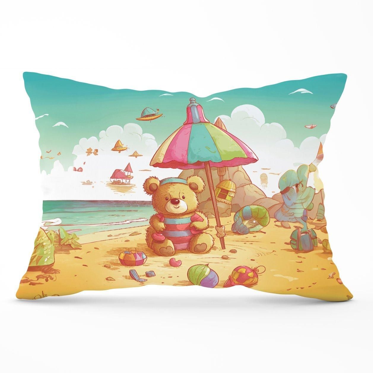Warren Reed - Designer Teddy Bead On A Beach Holiday Cushions in Yellow