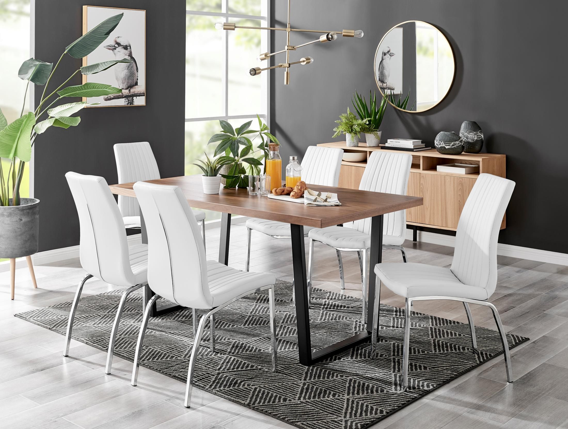 FurnitureboxUK Kylo Large Brown Wood Effect Dining Table & 6 Isco Faux Leather Chairs in White